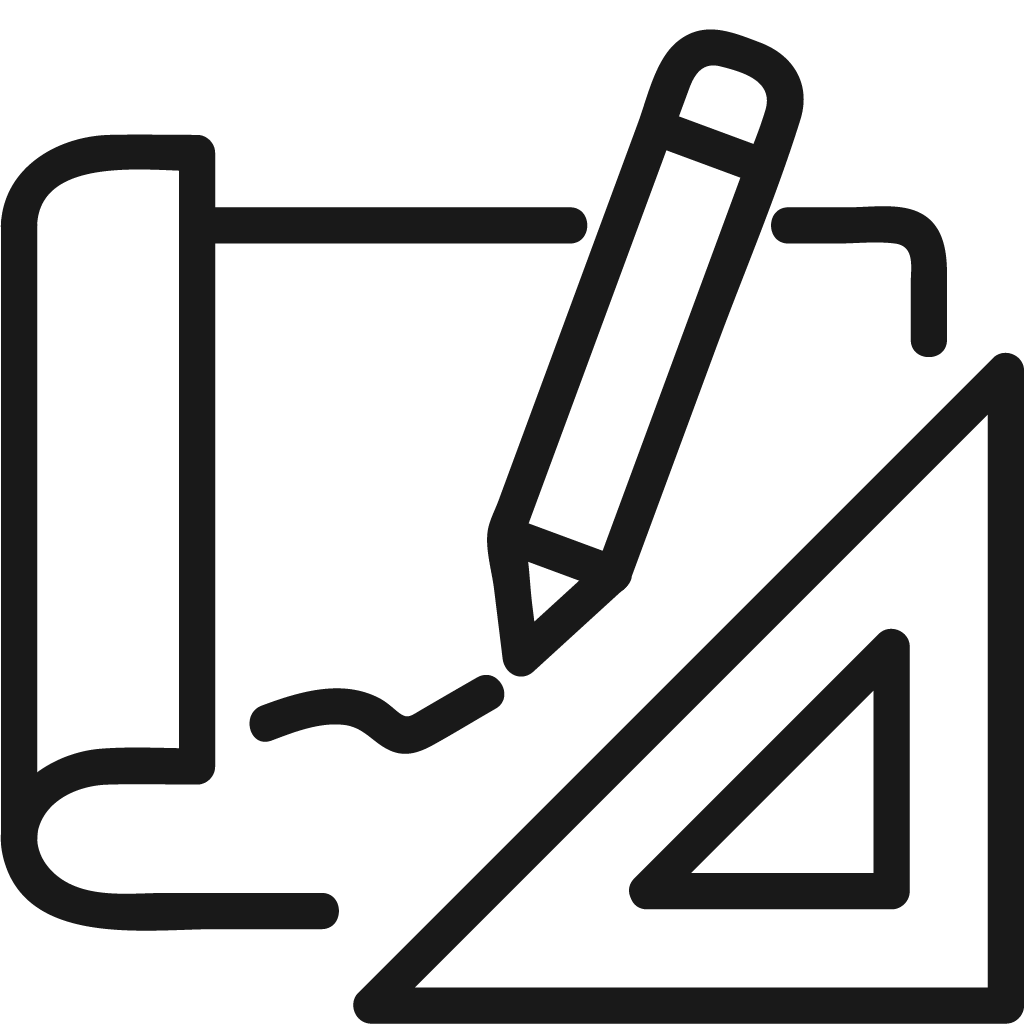 Icon of a pencil, blueprint, and triangle ruler