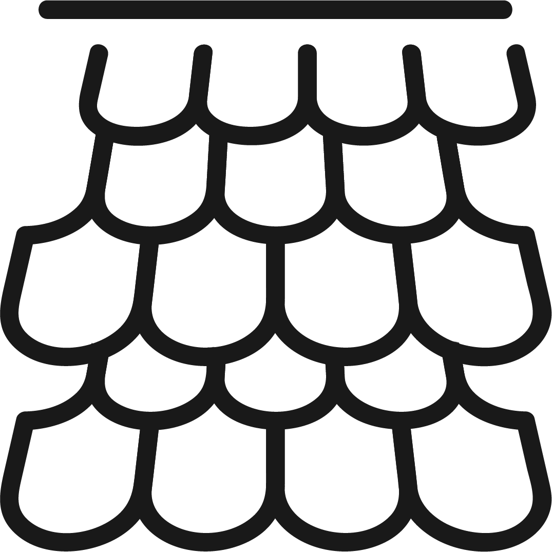 Outline of a tiled roof section, showing overlapping tiles.