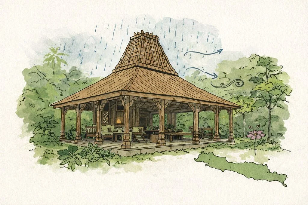 &bull;
Originating in Java, the Joglo is more than a house.
It is a spatial system rooted in hierarchy, spirituality and balance.
&bull;
Defined by its tiered roof and the four central soko guru columns, structure becomes the core of the interior &md