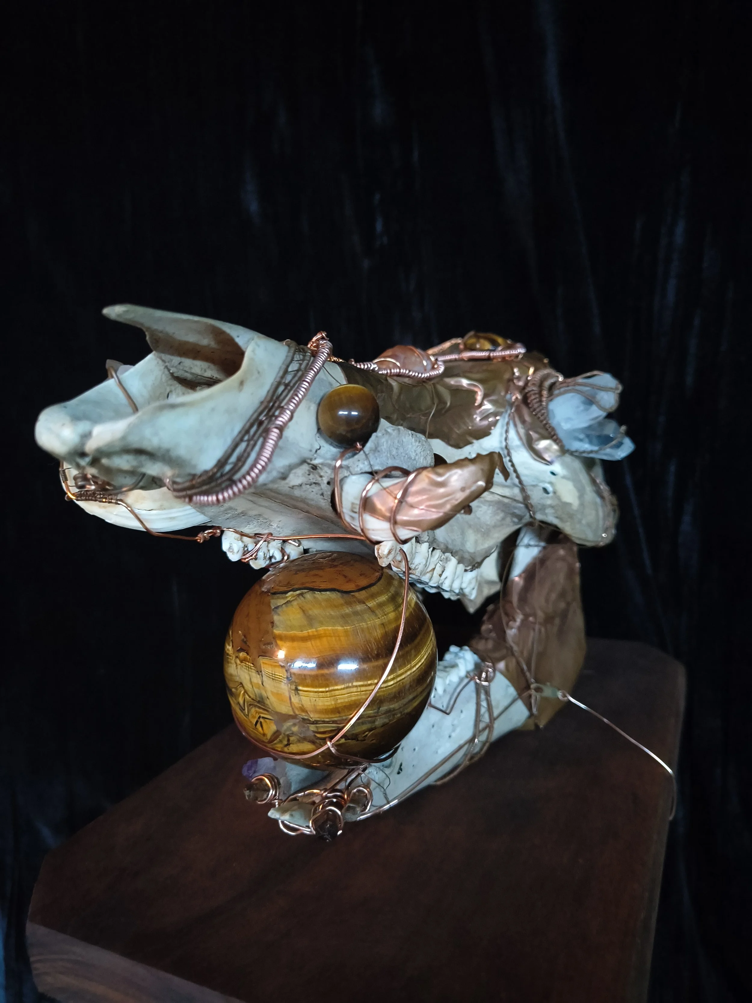 Decorative display featuring a skull, copper wire, a large tiger's eye stone, and a polished oval amber sphere, arranged on a dark surface against a black background.