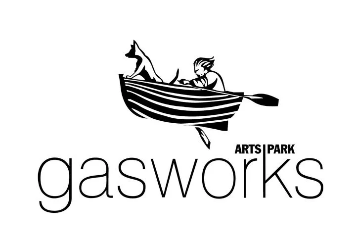 Black and white logo of a person and a dog in a rowboat, with the text 'gasworks arts park' beneath. The words 'ARTS PARK' are smaller and positioned above 'gasworks'.