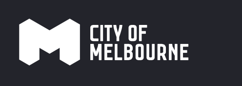Logo of the City of Melbourne with a stylized M symbol and text on a dark background.
