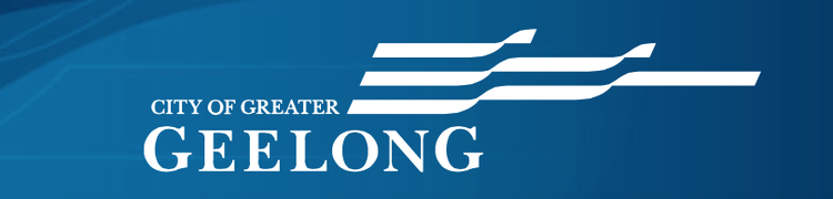 Logo of the City of Greater Geelong with stylized white lines above the text on a blue background.
