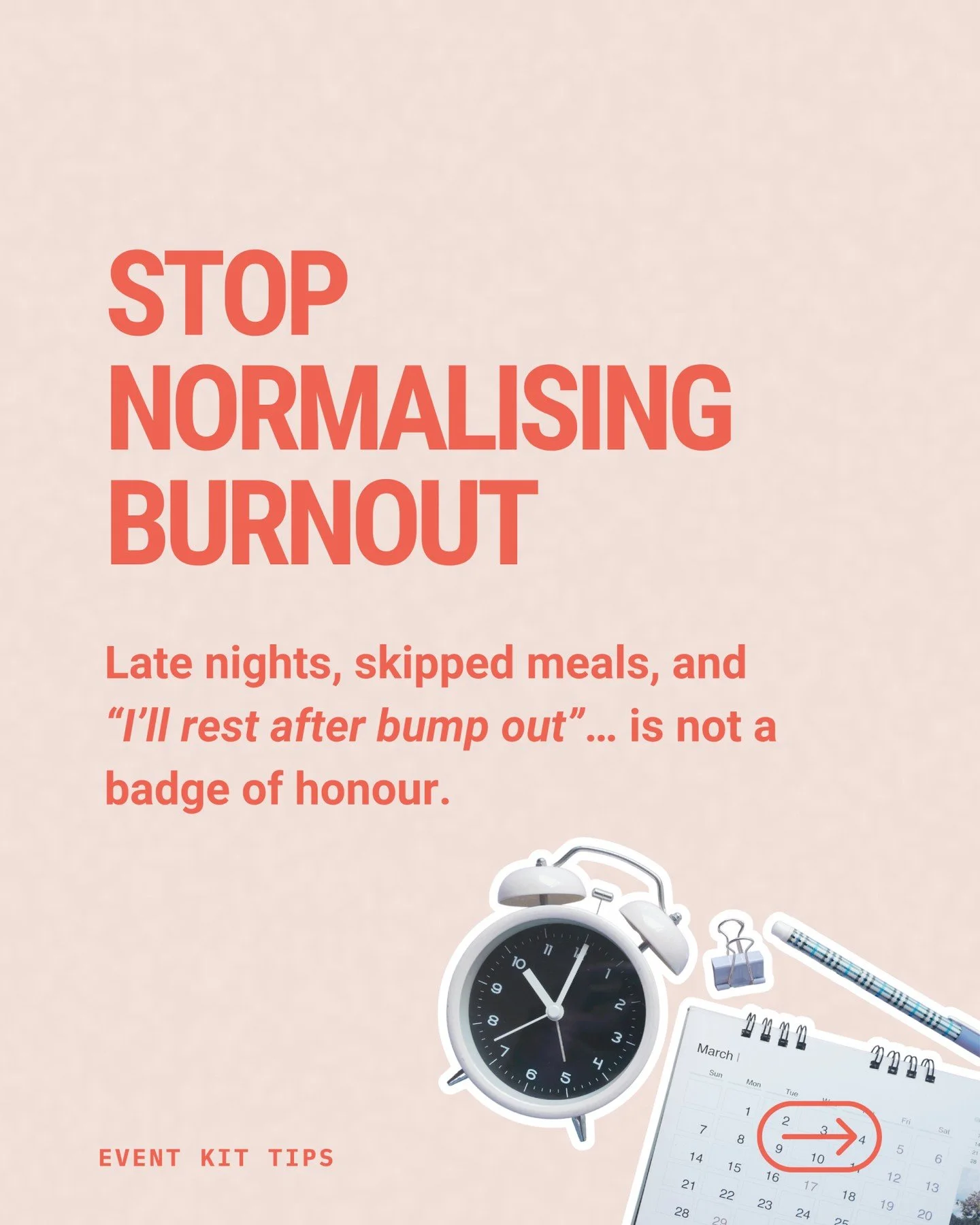 The events industry has a burnout problem &mdash; and we&rsquo;ve normalised it.

Late nights. Skipped meals. &ldquo;I&rsquo;ll rest after bump out.&rdquo;

Somewhere along the way, exhaustion became a badge of honour. But here&rsquo;s the truth: bur