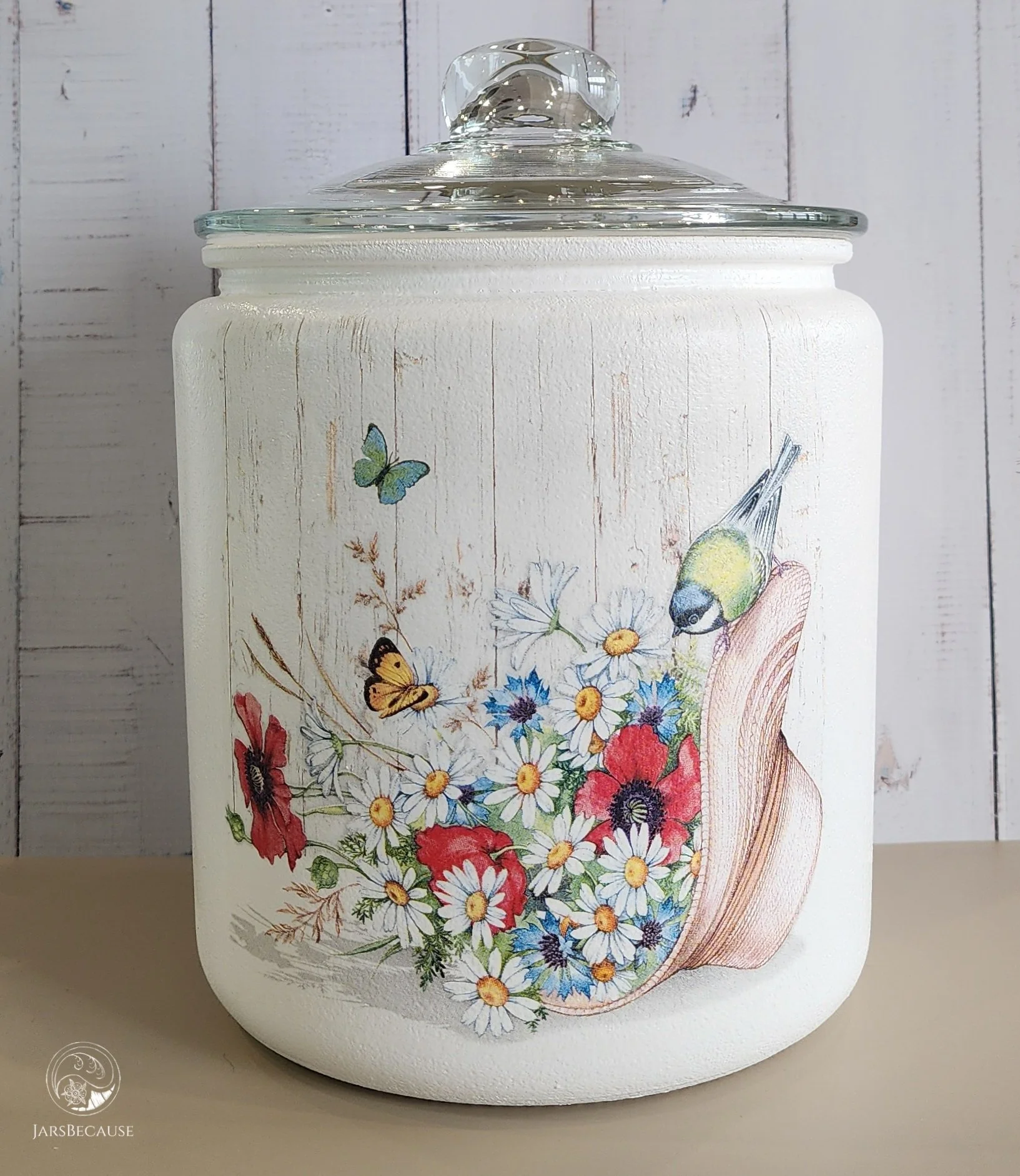 Large Decoupage Jar - Flowers in a Hat - JarsBecause.jpg