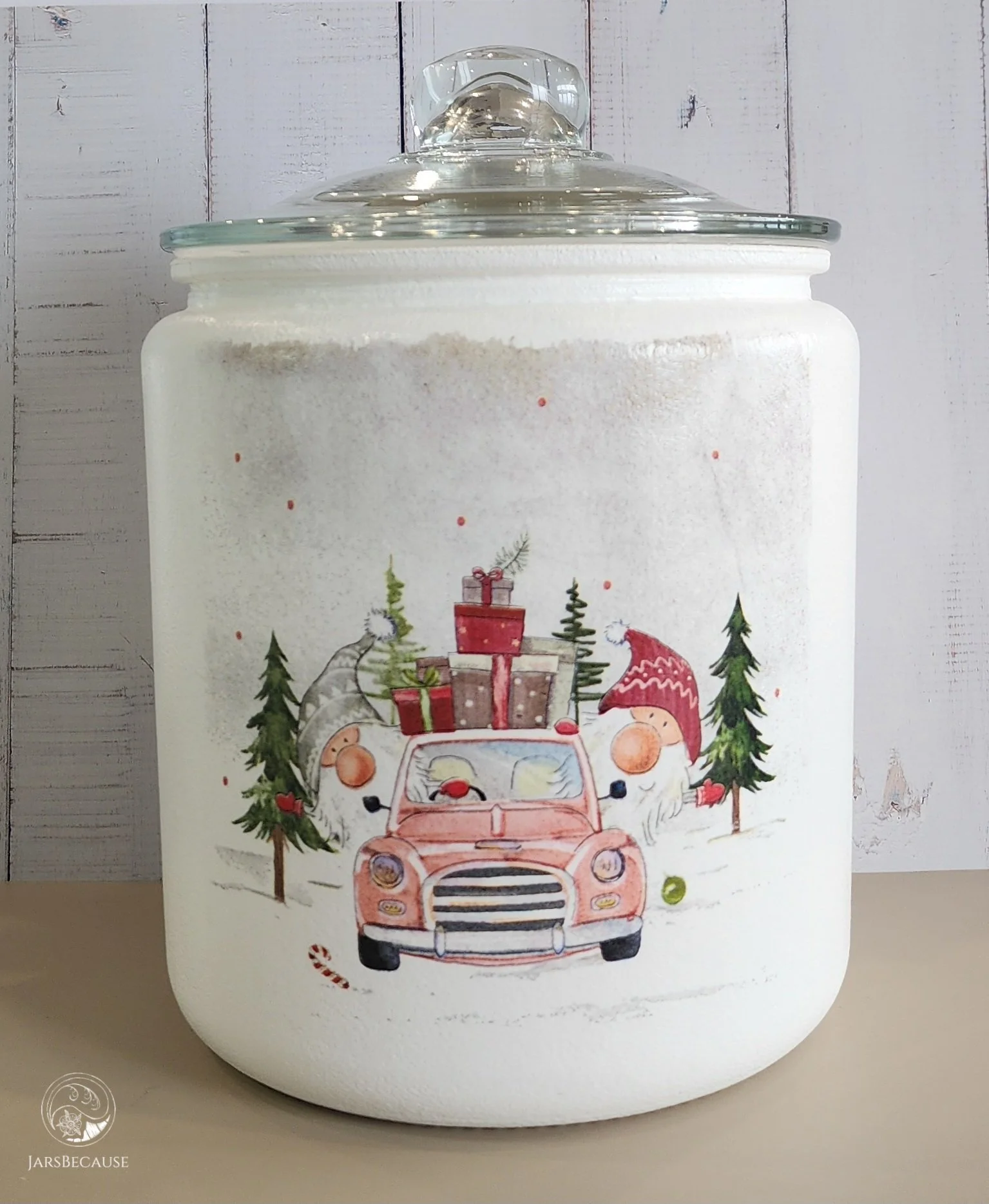 Large Decoupage Jar - Gnomes in VW - JarsBecause.jpg