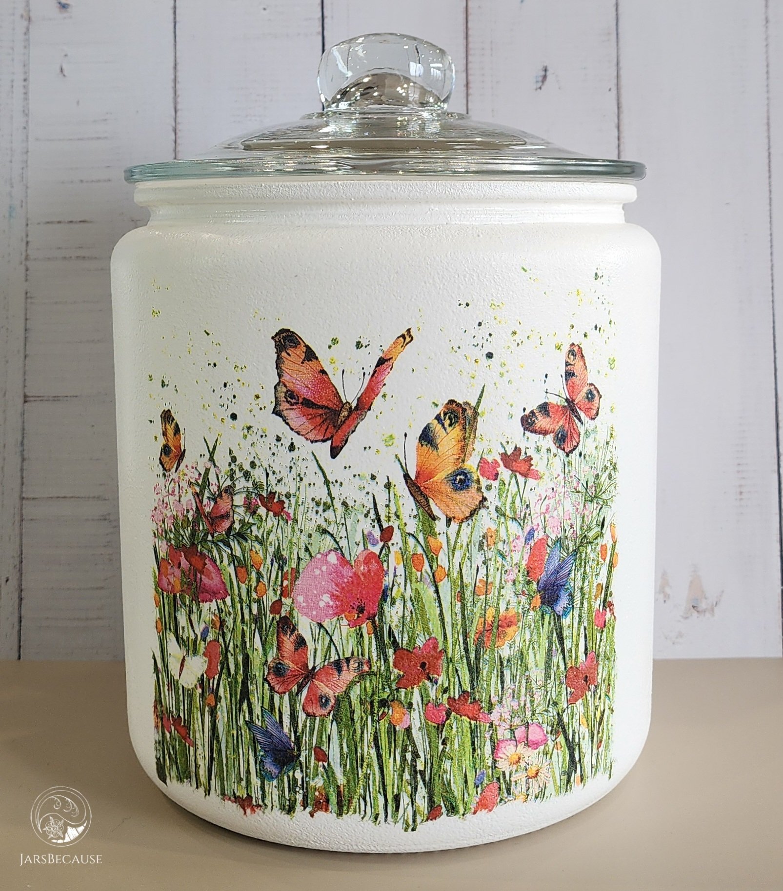 Large Decoupage Jar - Butterlies and Flowers - JarsBecause.jpg