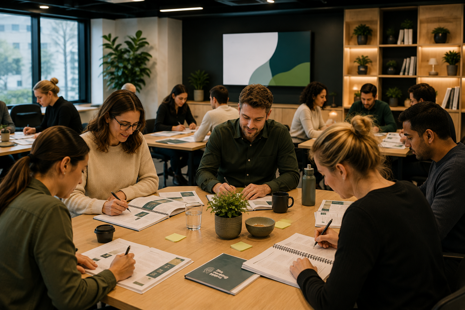 A diverse group of people working together in a modern office conference room with large windows and wooden decor.