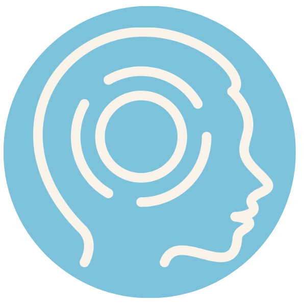 Outline of a human head in profile with concentric circles inside the head, representing thinking or mental focus, on a blue circular background.