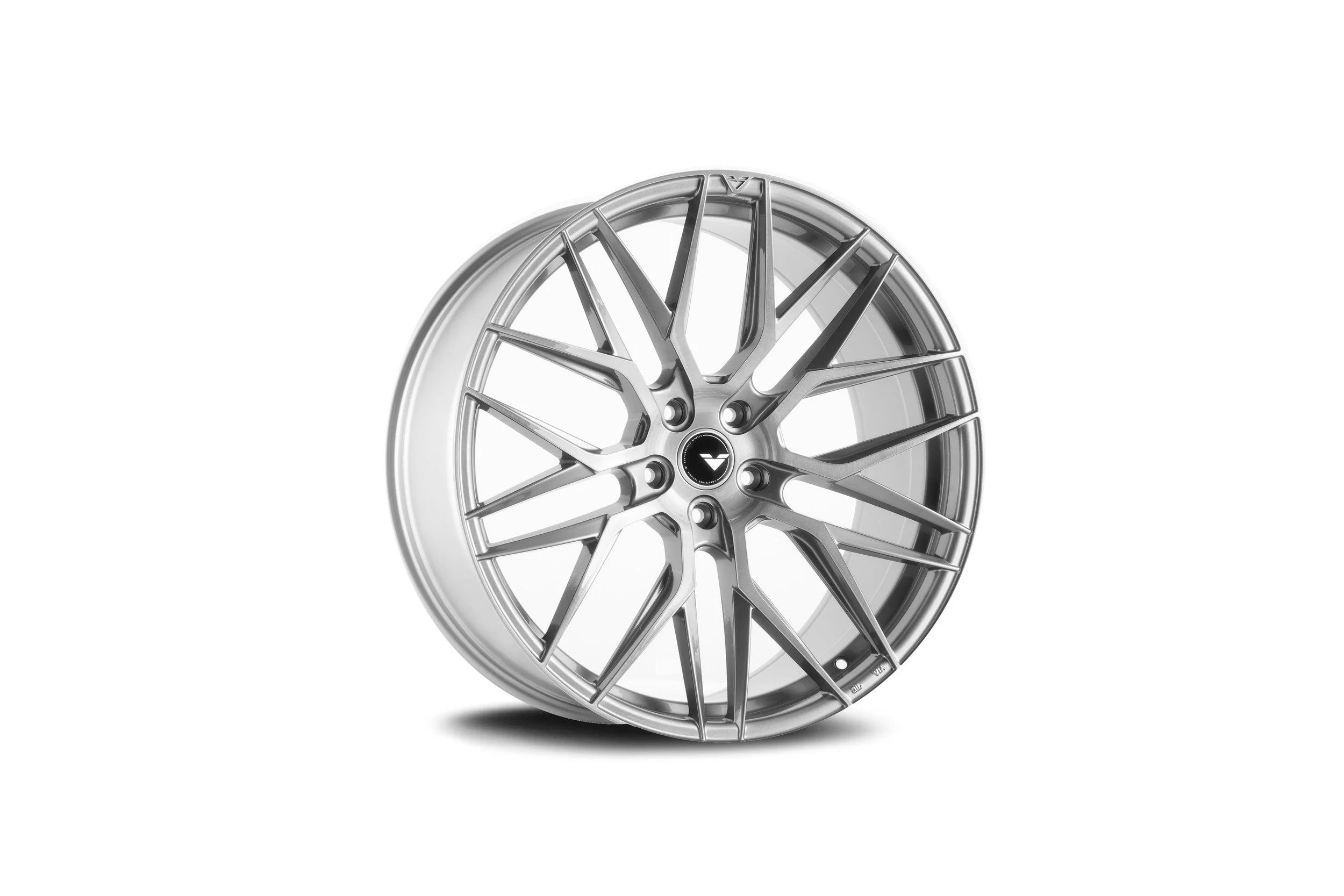 A silver, multi-spoke alloy car wheel rim on a white background.