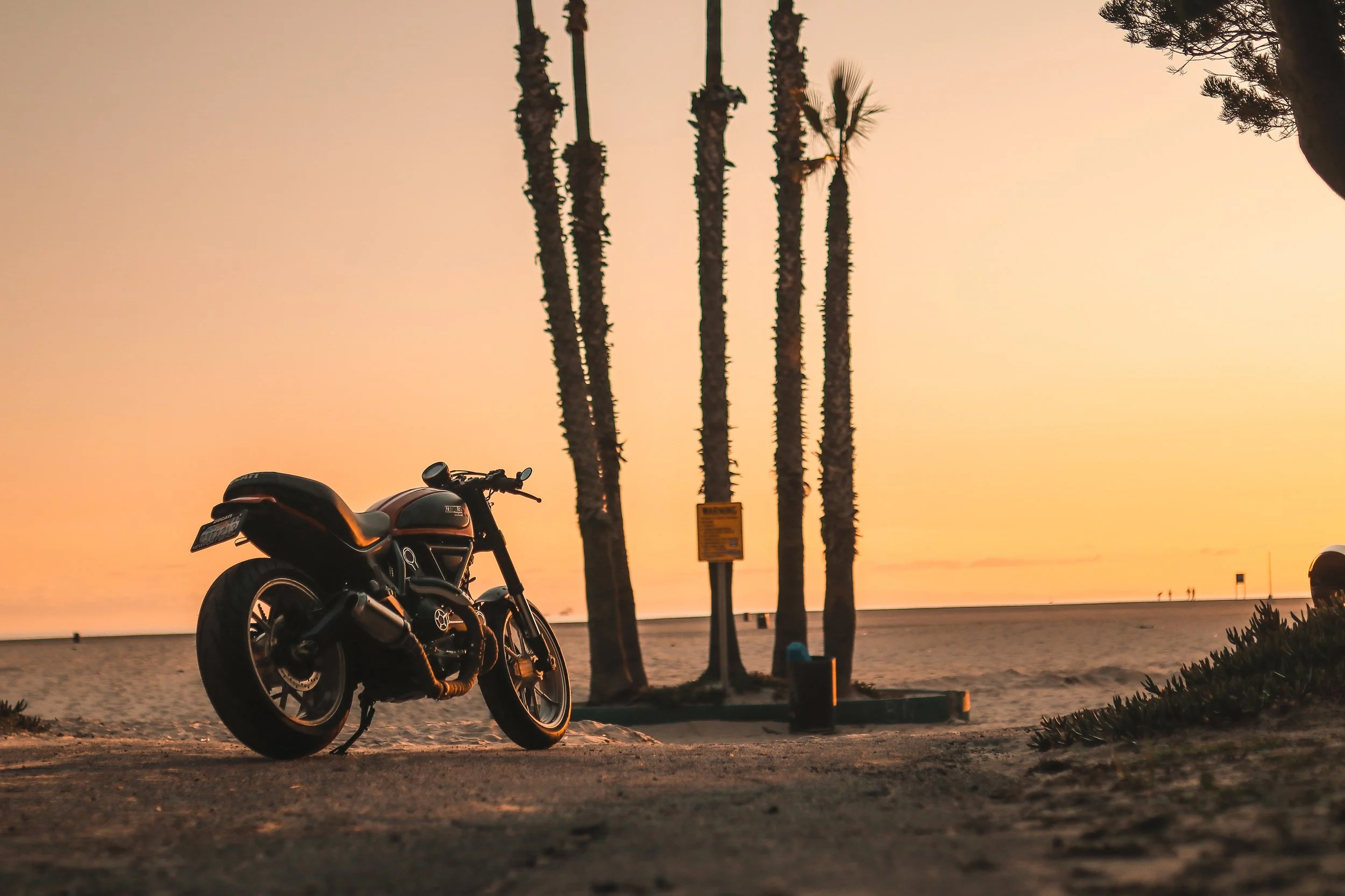 A black motorcycle parked on a sandy beach at sunset, with tall palm trees and a distant horizon in the background.
