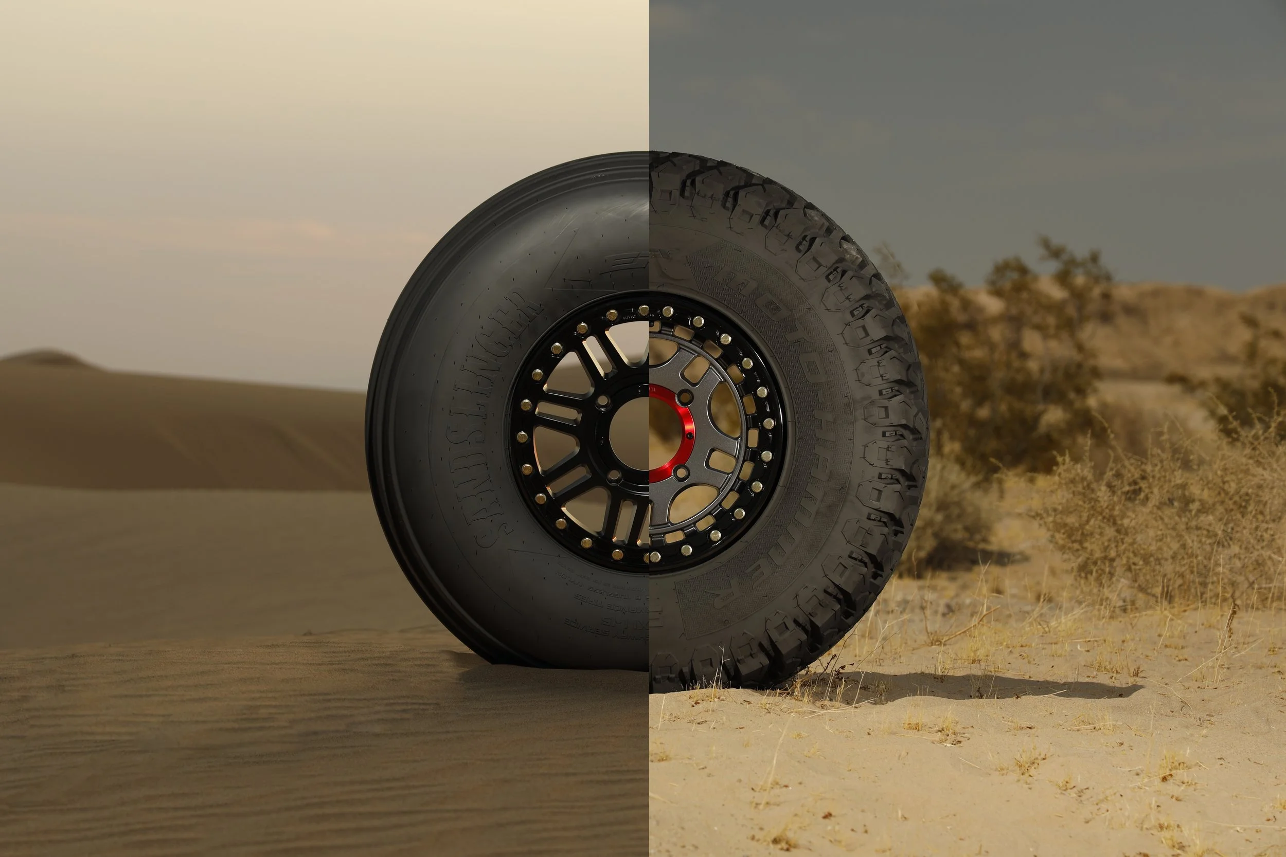 Split image of a tire, with a desert landscape background on the left and a desert with sparse vegetation on the right.