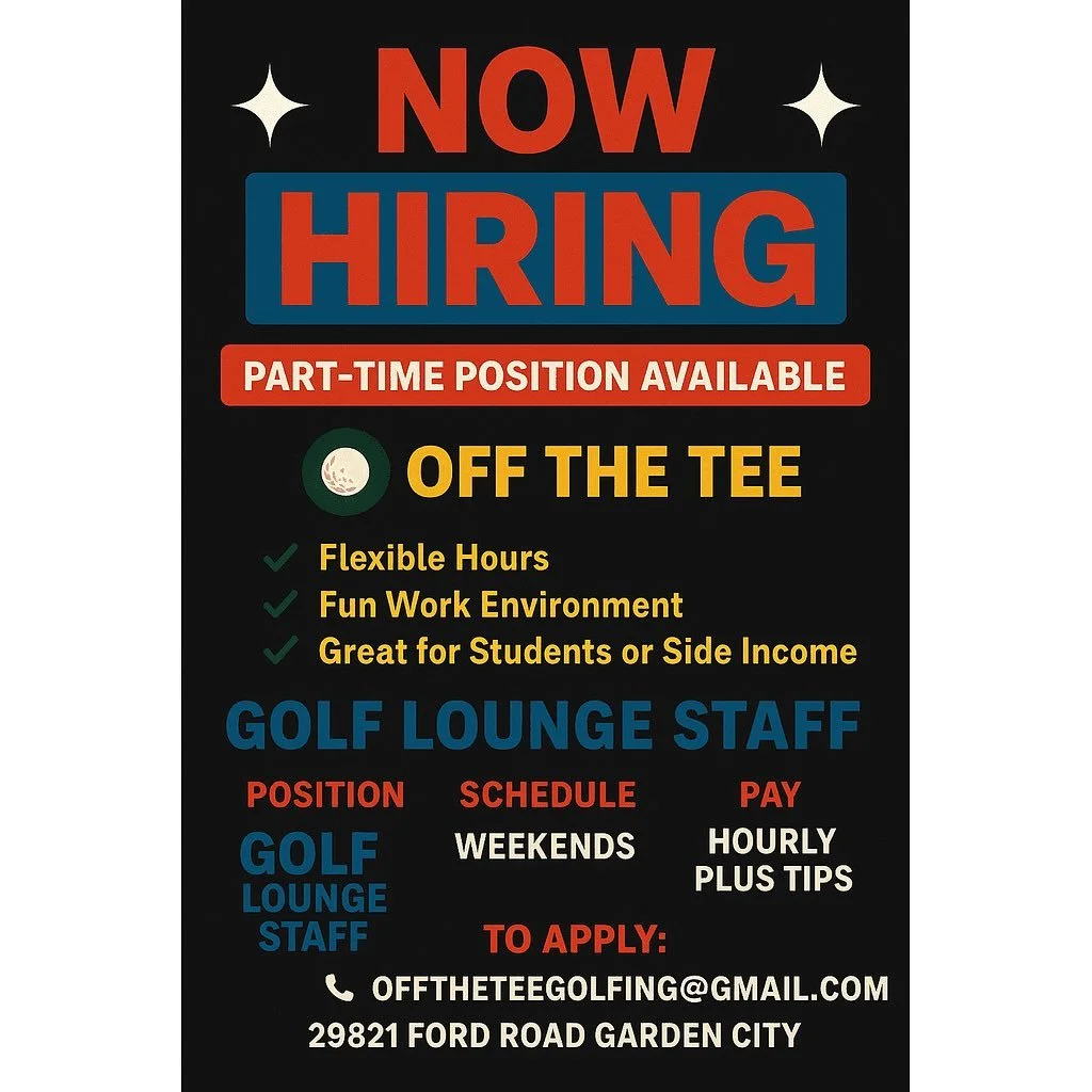 🚨 We&rsquo;re Hiring! 🚨
Off The Tee is adding to our Golf Lounge Staff ⛳️ Start date: Sept 1st

✅ Fun vibes
✅ Flexible hours
✅ Hourly + tips

📩 Send your resume to offtheteegolfing@gmail.com