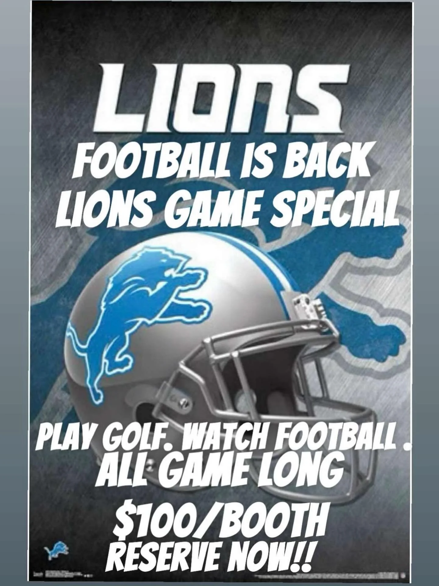 🏈 FOOTBALL IS BACK at OFF THE TEE! 🏌️&zwj;♂️
Reserve your booth for just $100 and watch the Lions win with your crew while golfing.

🔥 Don&rsquo;t miss the best wings in the city &mdash; game day done right!

Must reserve ahead of time to secure y