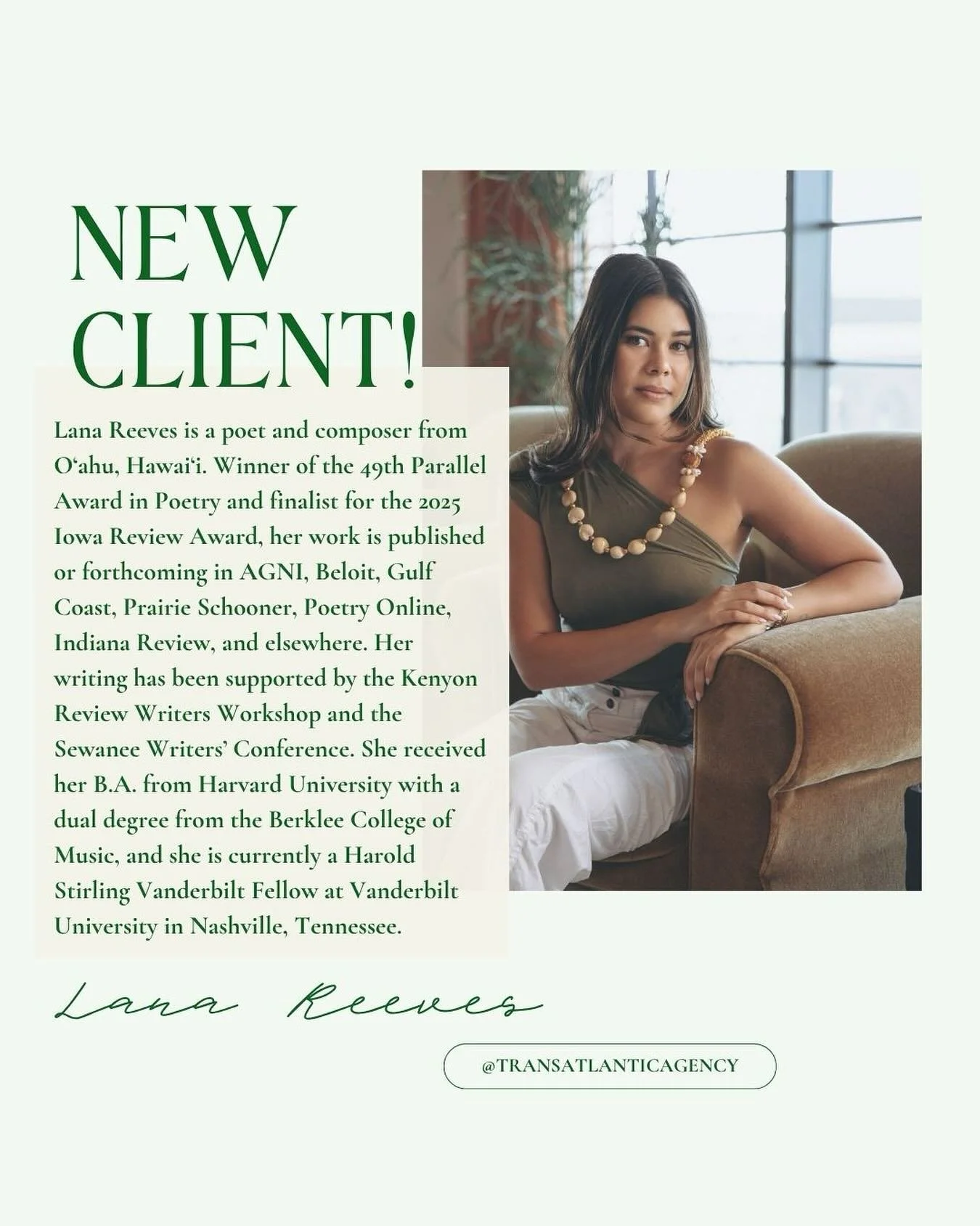 🌺✨so incredibly honored to welcome Lana Reeves to the @transatlantic_agency! beyond enamored by all the stunning stories we&rsquo;ll get to move through 🩵