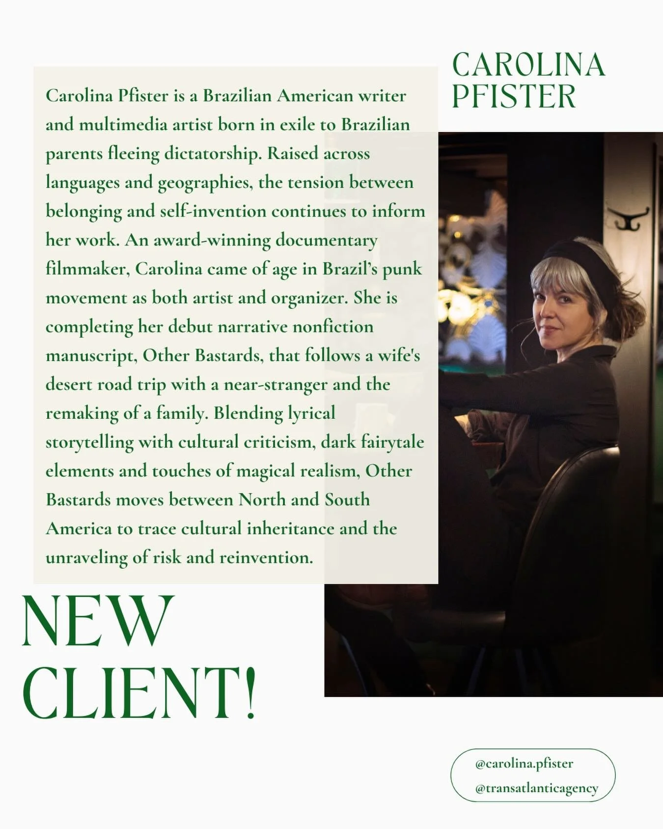 ✨ warmest welcome to @carolina.pfister for joining the @transatlantic_agency! incredibly floored by OTHER BASTARDS, and excited for all our work together ✨
.
.
.
co-agenting with my powerhouse colleague @evaoakes!