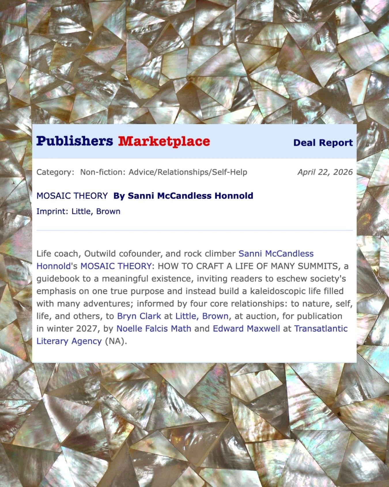 ✨ amazing deal news ✨

so happy to finally share @sannimccandless&rsquo;s MOSAIC THEORY to @littlebrown. this is an absolutely stunning book, and i cannot wait to see this beauty in the world!!! such a pleasure to have worked on this together (and co