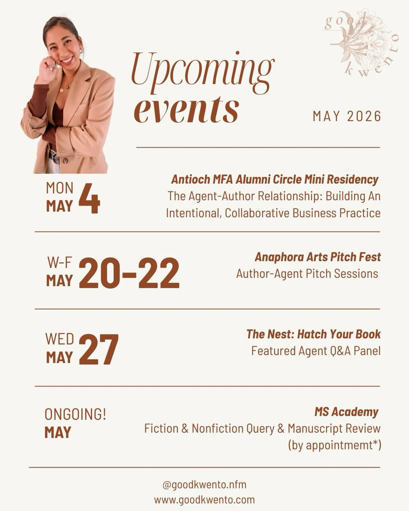 ✨ how can you get a hold of me? a number of fun events for the month of MAY. starting with a first time visit to my alma mater @aulamfa!

that&rsquo;s right ~ if you didn&rsquo;t already know, i&rsquo;m a writer-agent with an MFA! which is really jus