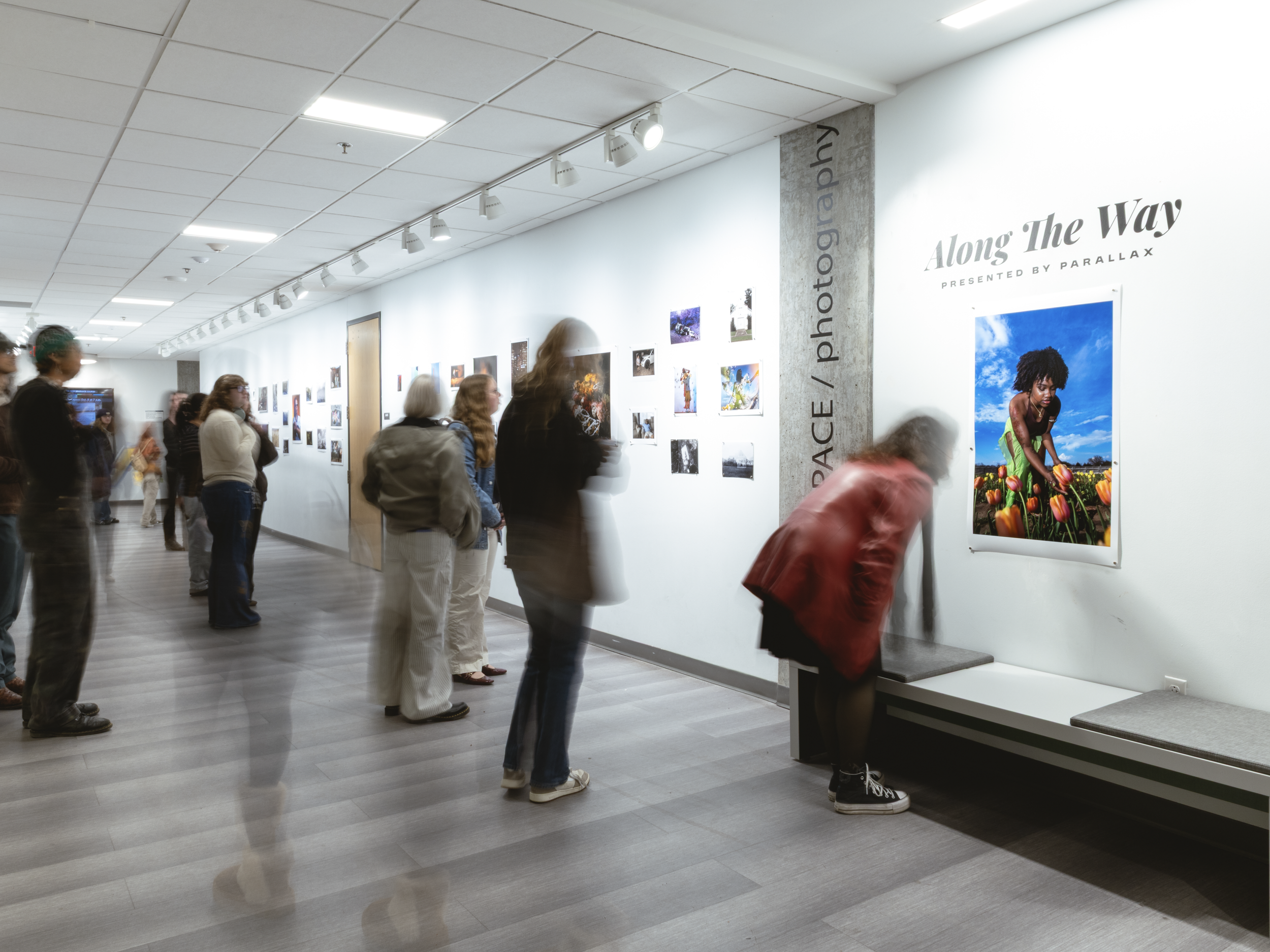 People viewing photographs and artwork at an art gallery with a large display titled 'Along The Way' presented by Parallax.