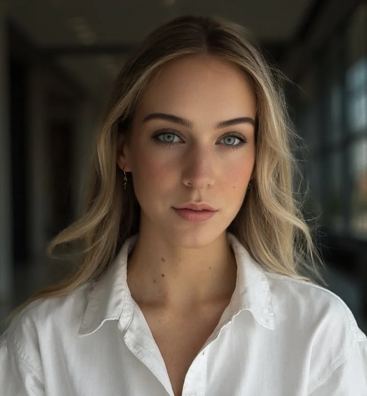 A young woman with blonde hair, blue eyes, and fair skin, wearing a white shirt, standing indoors near windows.