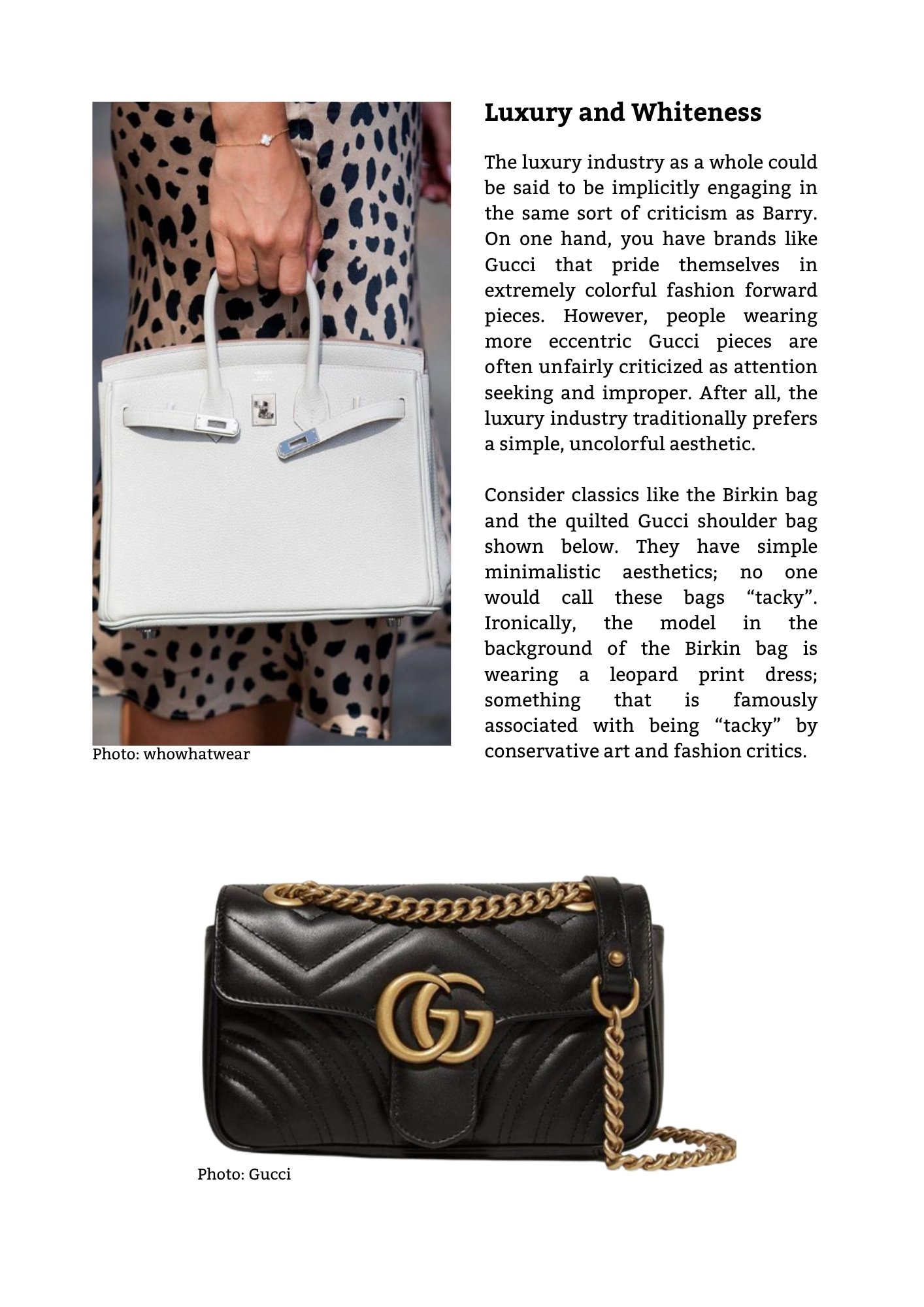 Close-up of a person holding a white handbag with a leopard print dress. The text discusses luxury handbags and fashion critics.