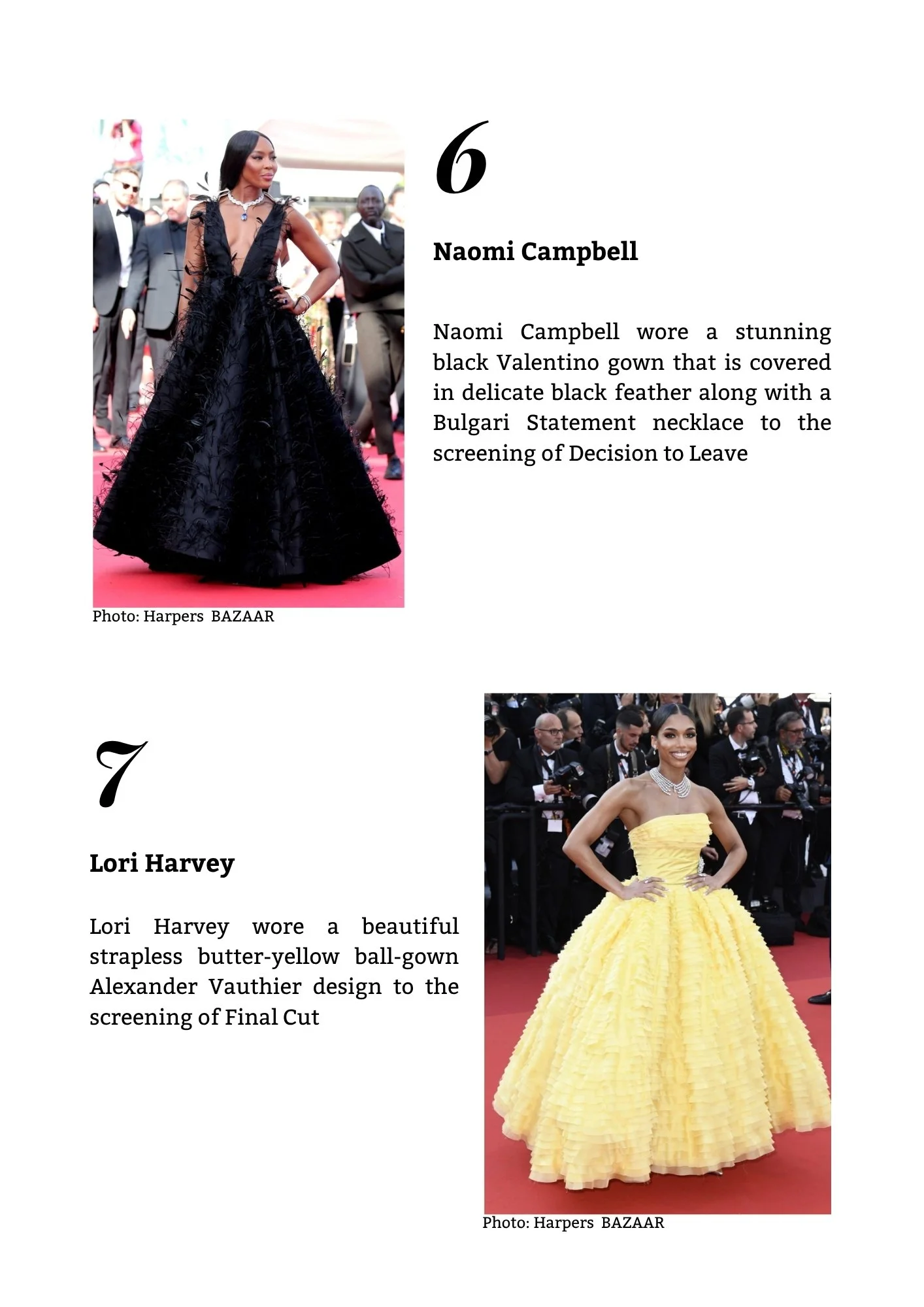 Page from a magazine or photo editorial featuring two women on the red carpet. The first woman, Naomi Campbell, is wearing a black Valentino gown covered in black feathers with a deep V neckline, accessorized with a Bulgari statement necklace. The se