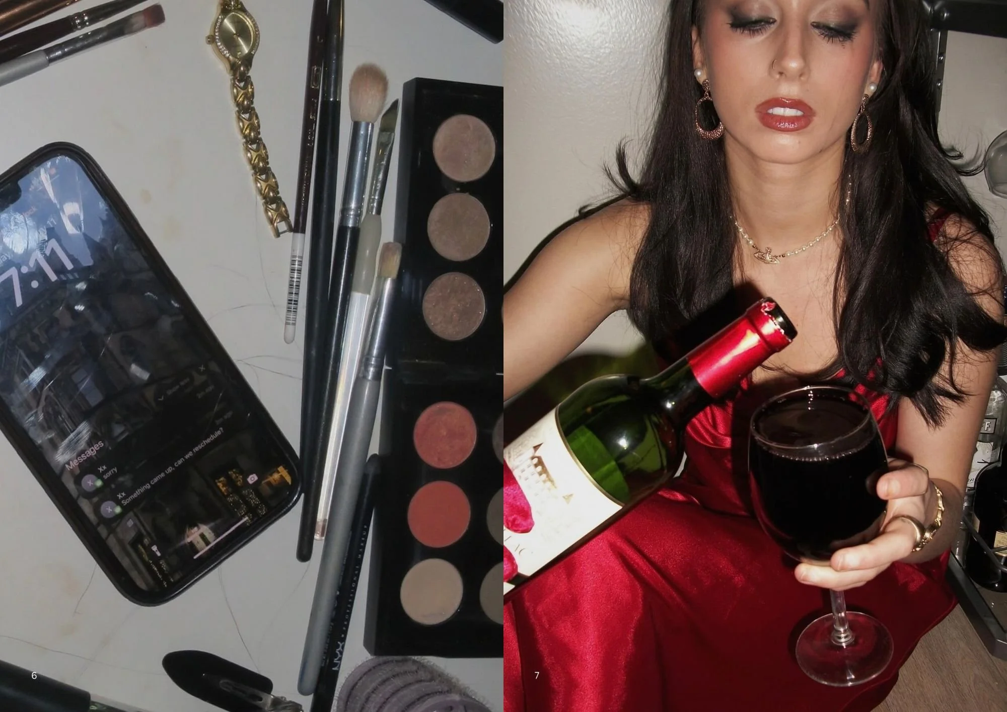 A makeup artist's workspace with makeup brushes, eyeshadow palette, a phone displaying messages, and jewelry on the left side. On the right, a woman with makeup, jewelry, a red dress, and holding a glass of red wine and a bottle of wine.