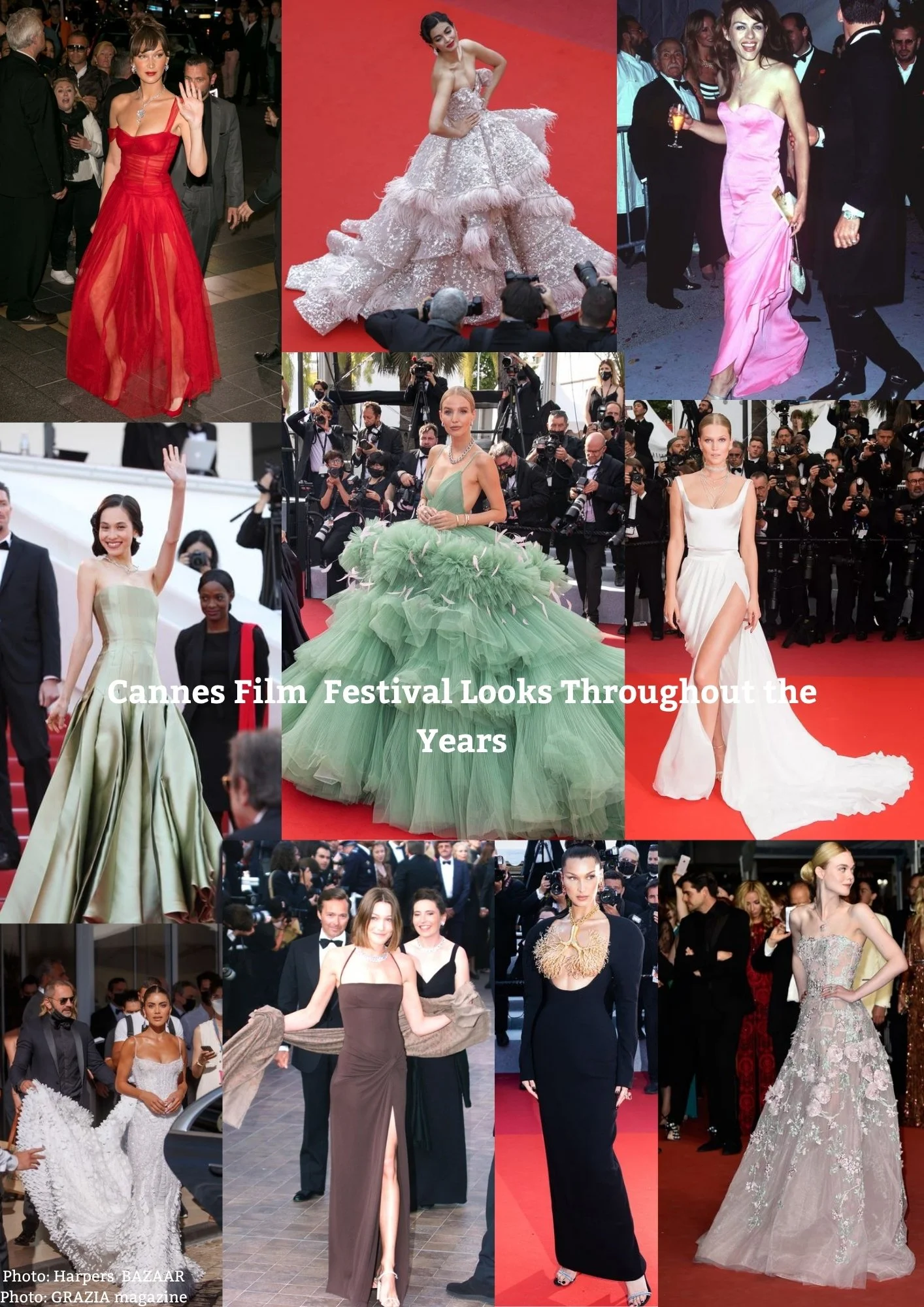 Collage of celebrities at the Cannes Film Festival wearing elegant evening gowns and tuxedos, with photographers and spectators in the background.