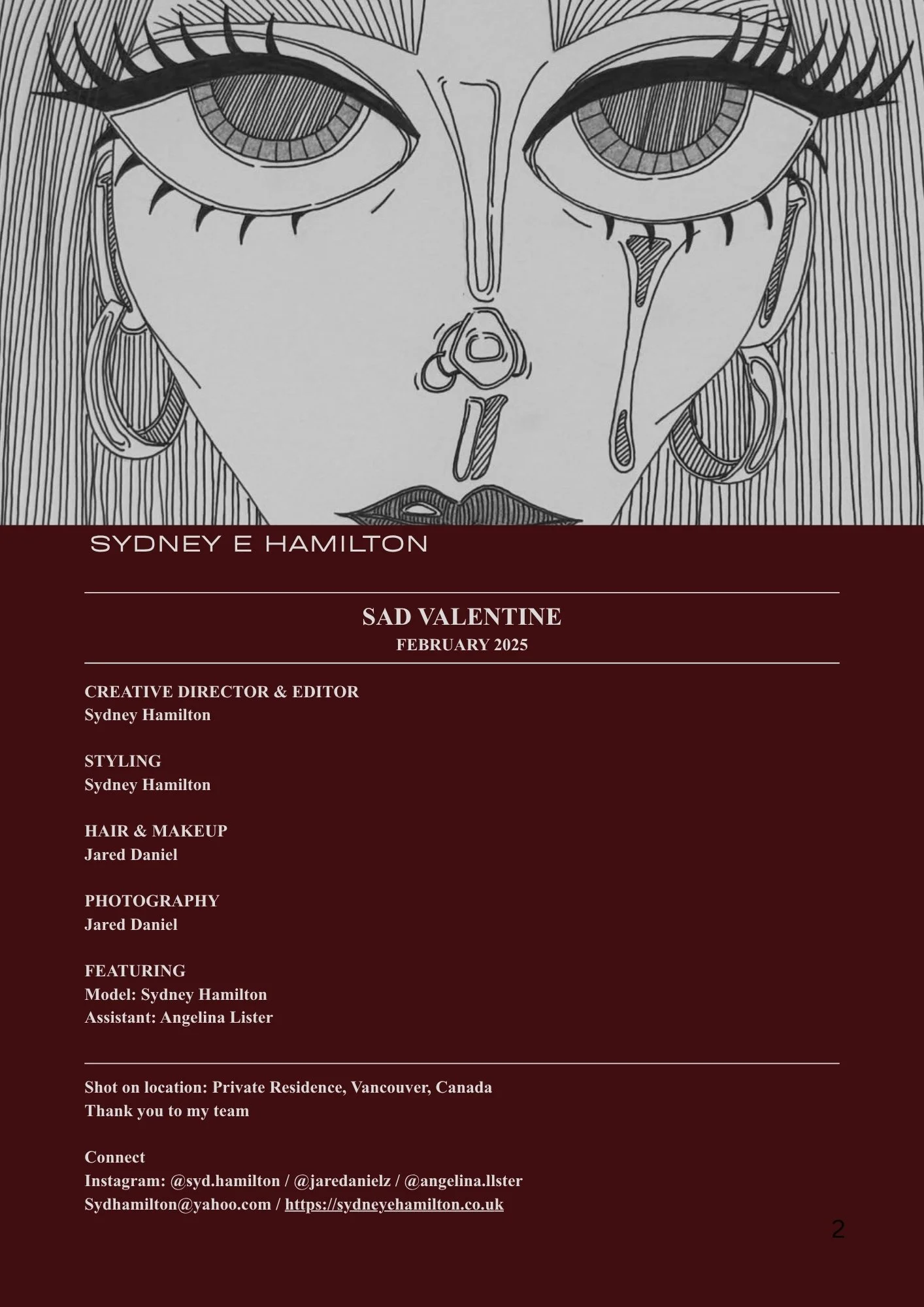 A black and white line drawing of a woman's face with long eyelashes, hoop earrings, and a septum piercing. The background of the drawing is filled with vertical lines.