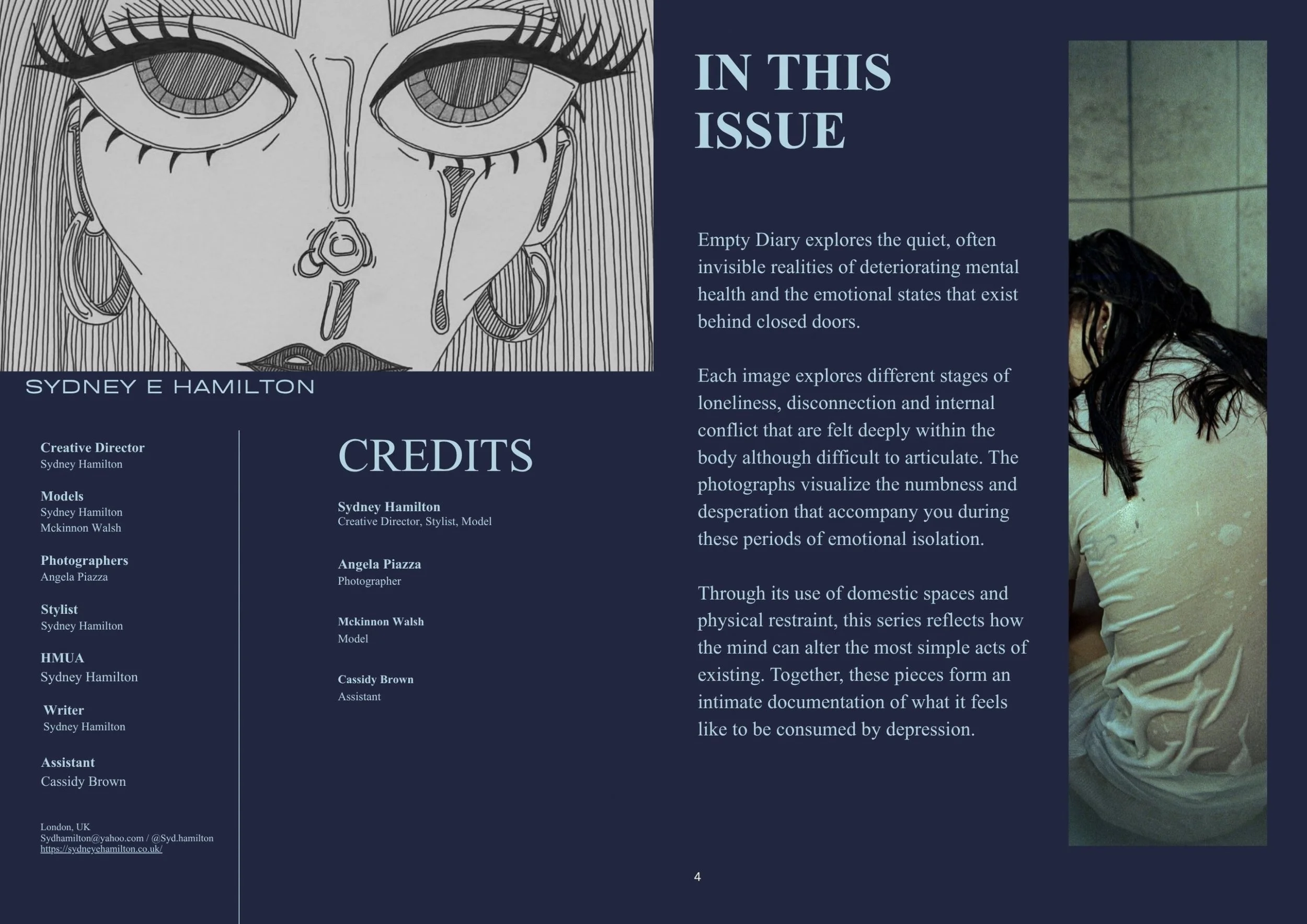 A magazine page with a black and white line drawing of a woman's face with large eyes on the left. The text on the right reads 'IN THIS ISSUE' and discusses mental health, emotional states, and themes of loneliness and depression. There is a photogra