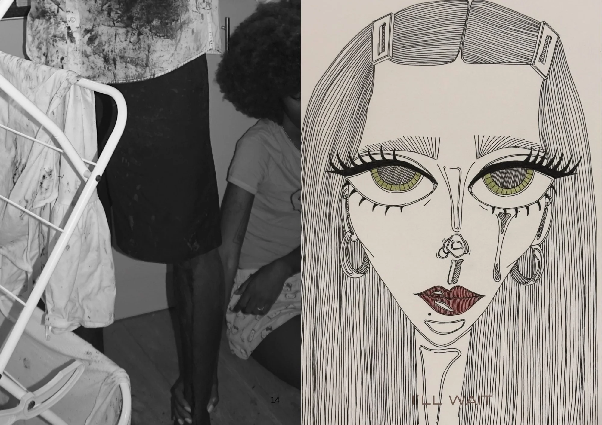 A person holding hands with a woman with a monochrome sketch of a woman's face on the right side, focusing on the facial features and intricate hair details.
