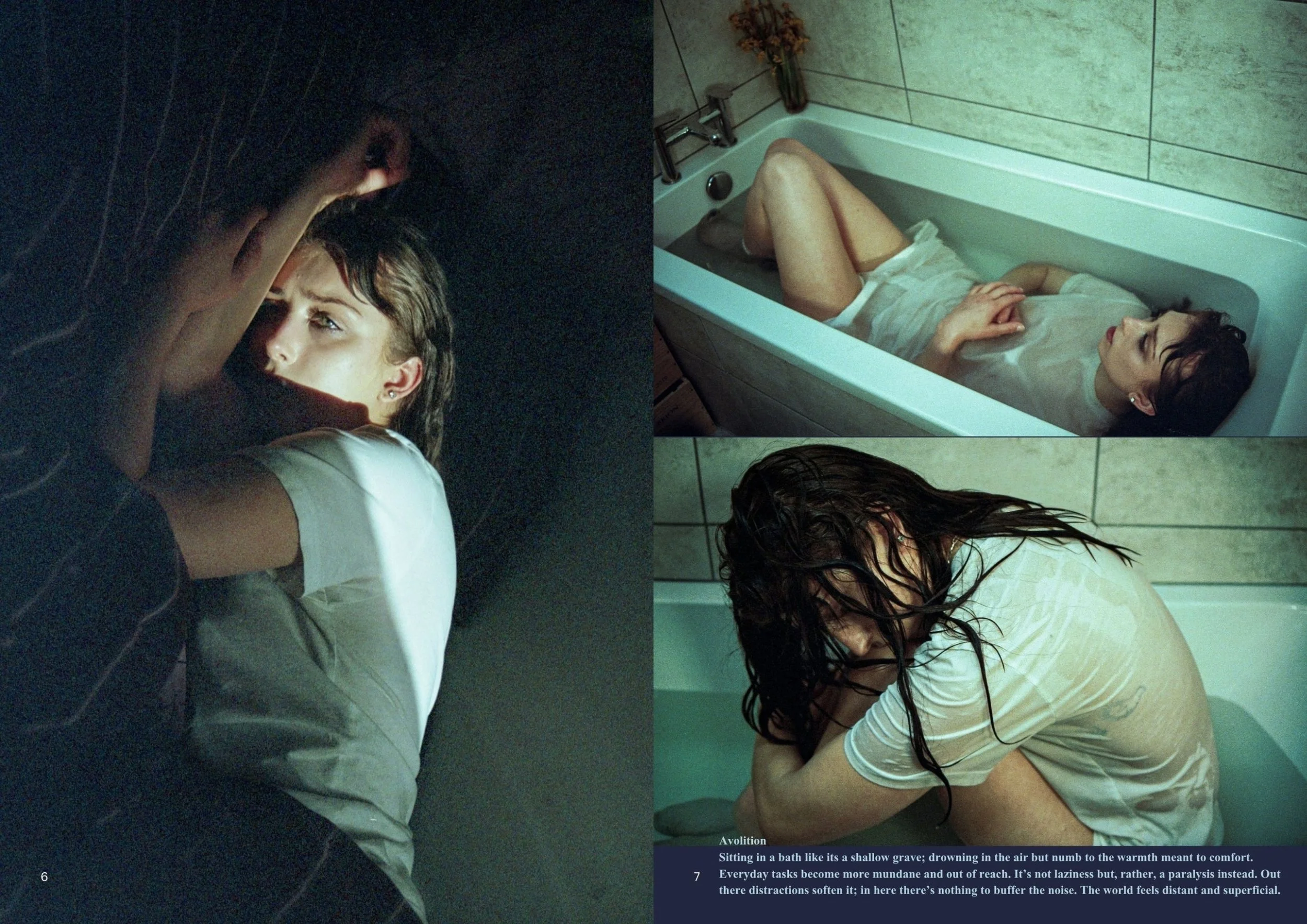 A woman lying in a bathtub with her eyes closed, appearing to be in a state of relaxation or contemplation.