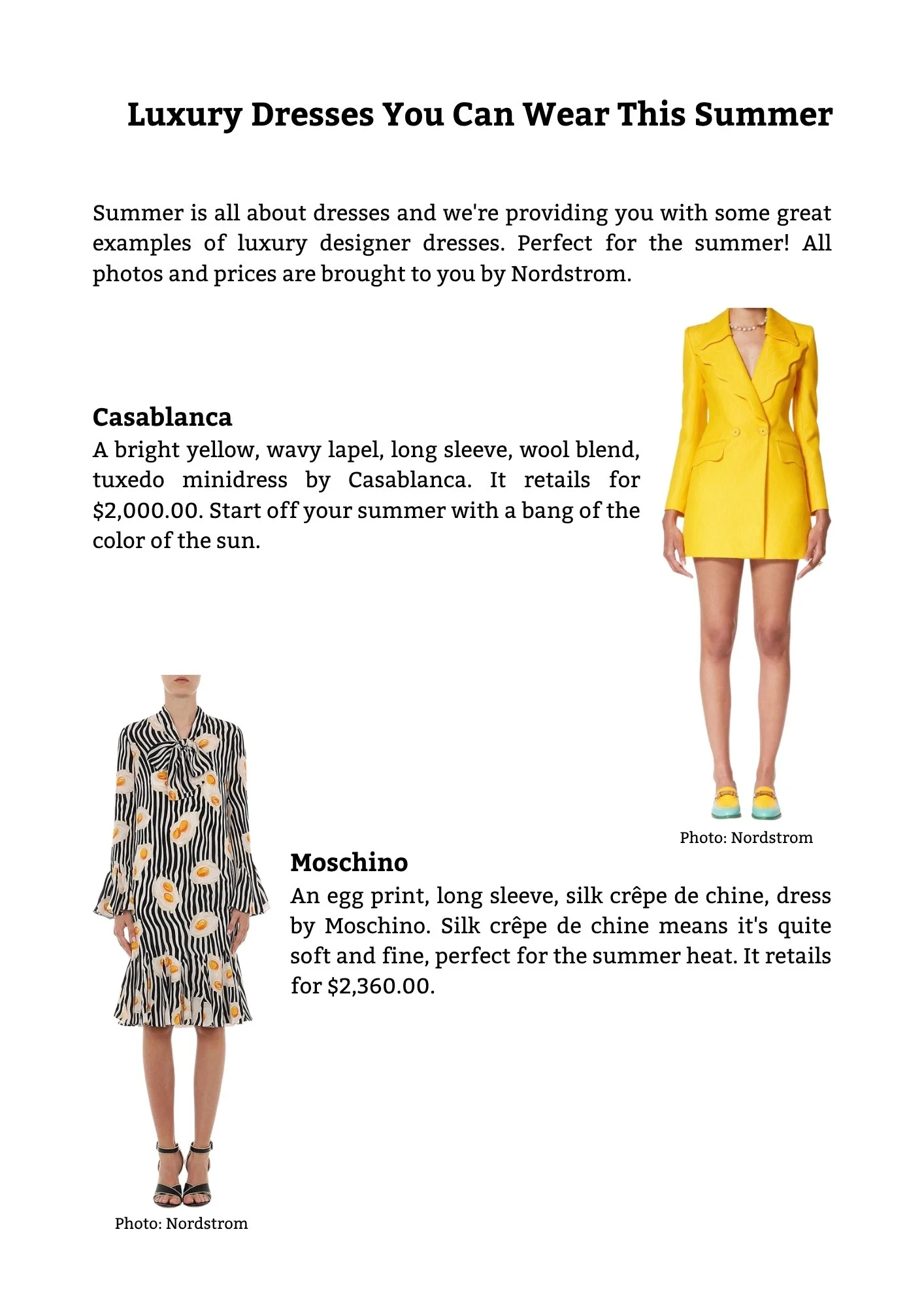 A webpage titled "Luxury Dresses You Can Wear This Summer" showcasing three designer dresses. The first dress is a bright yellow wool blend tuxedo mini dress by Casablanca, priced at $2,000, styled with a pearl necklace, worn by a model with a croppe