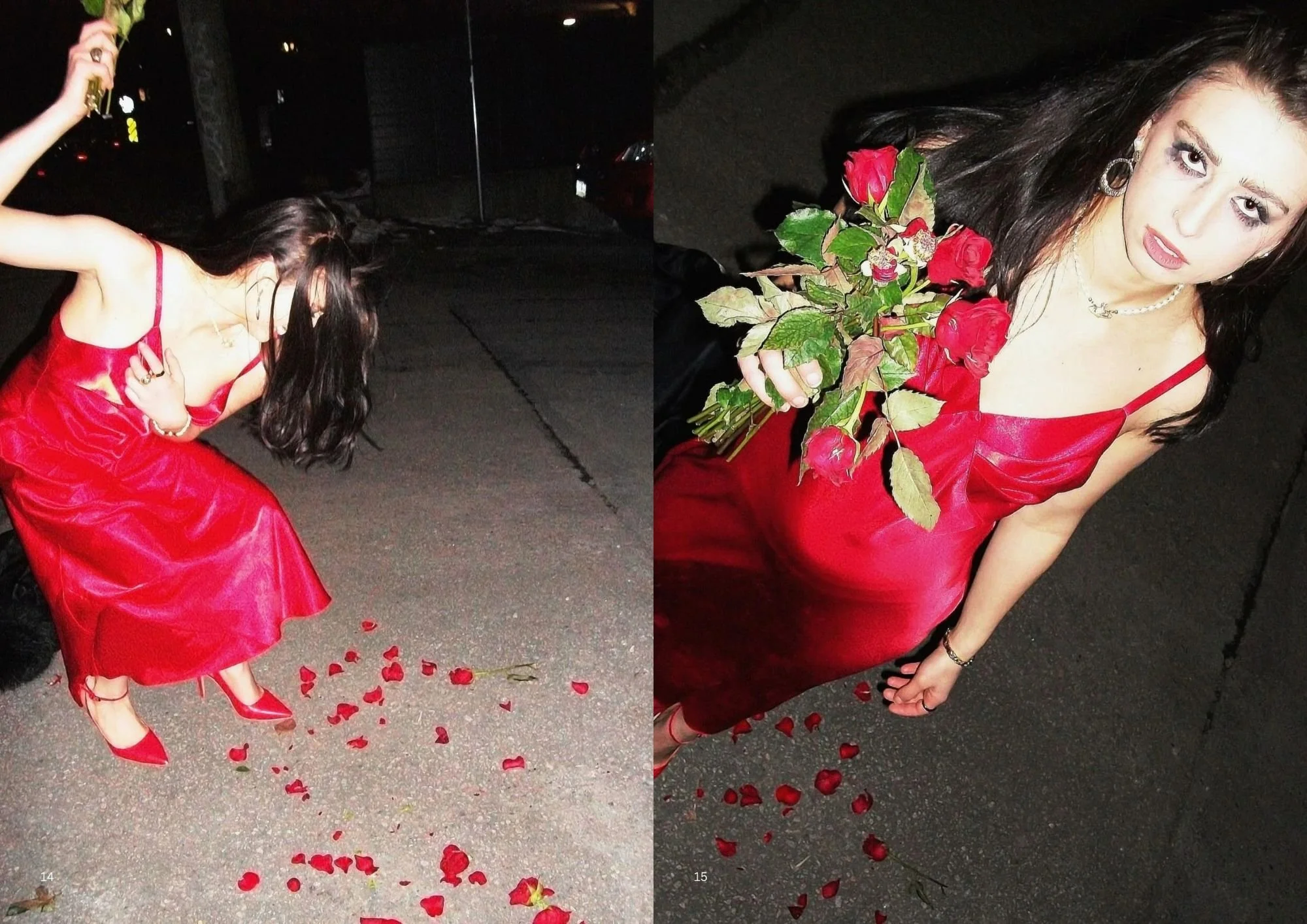 A woman dressed in a red satin gown with spaghetti straps, wearing red high heels, and holding a bouquet of red roses, standing on a dark street at night. Rose petals are scattered on the ground around her, and she has dark hair and makeup.