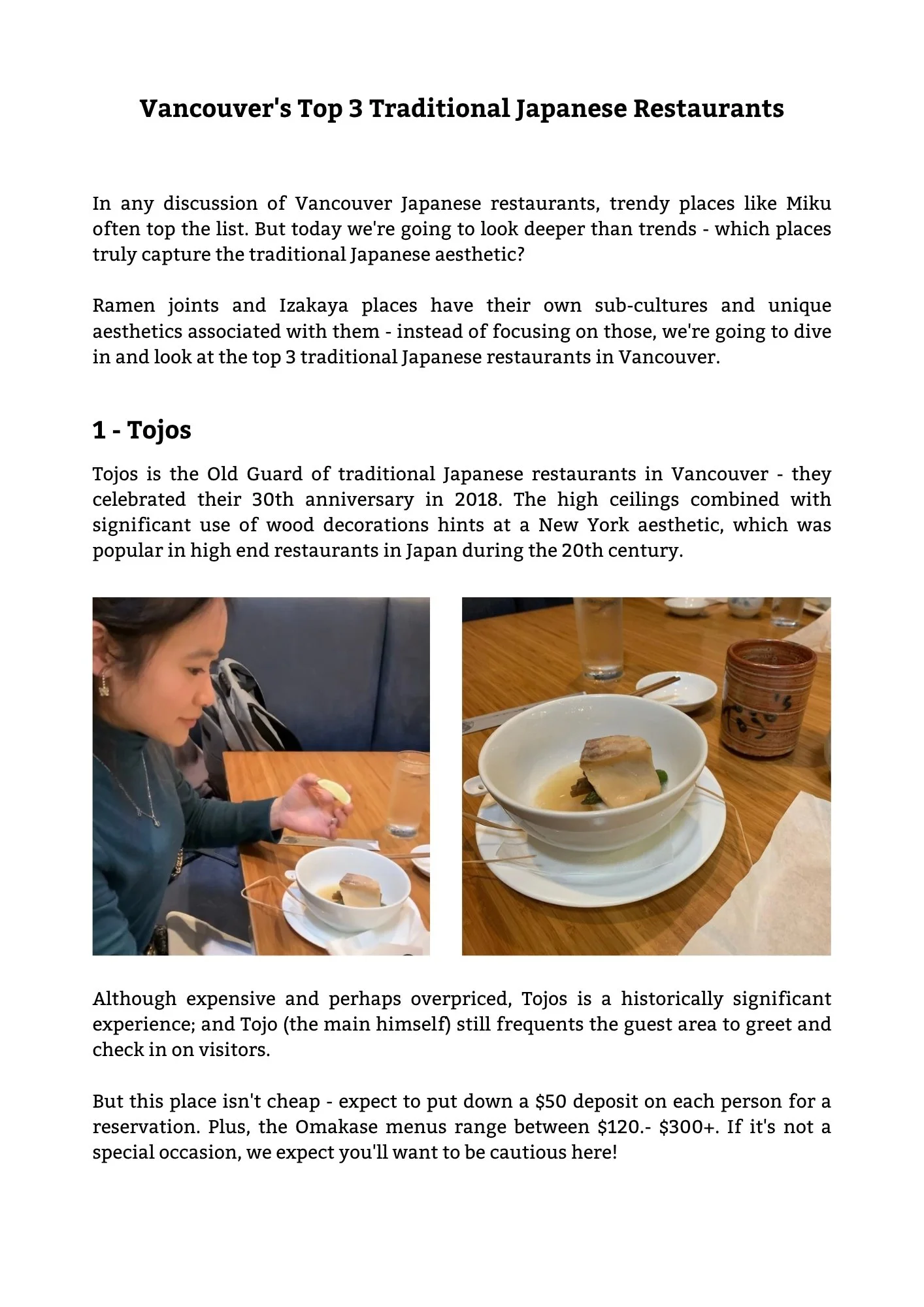 Photo of a woman dining at a restaurant, with a bowl of soup and a small plate on a wooden table. The setting suggests a Japanese restaurant with traditional decor.
