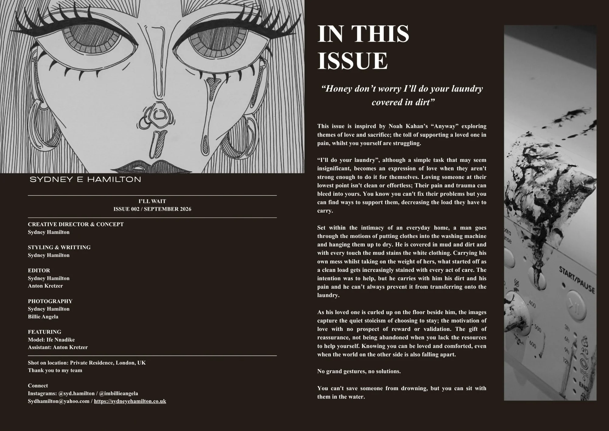 An illustrated woman with large eyes and long eyelashes, tears streaming down, with earrings and various facial features. The image is part of a magazine cover or article titled 'In This Issue'.