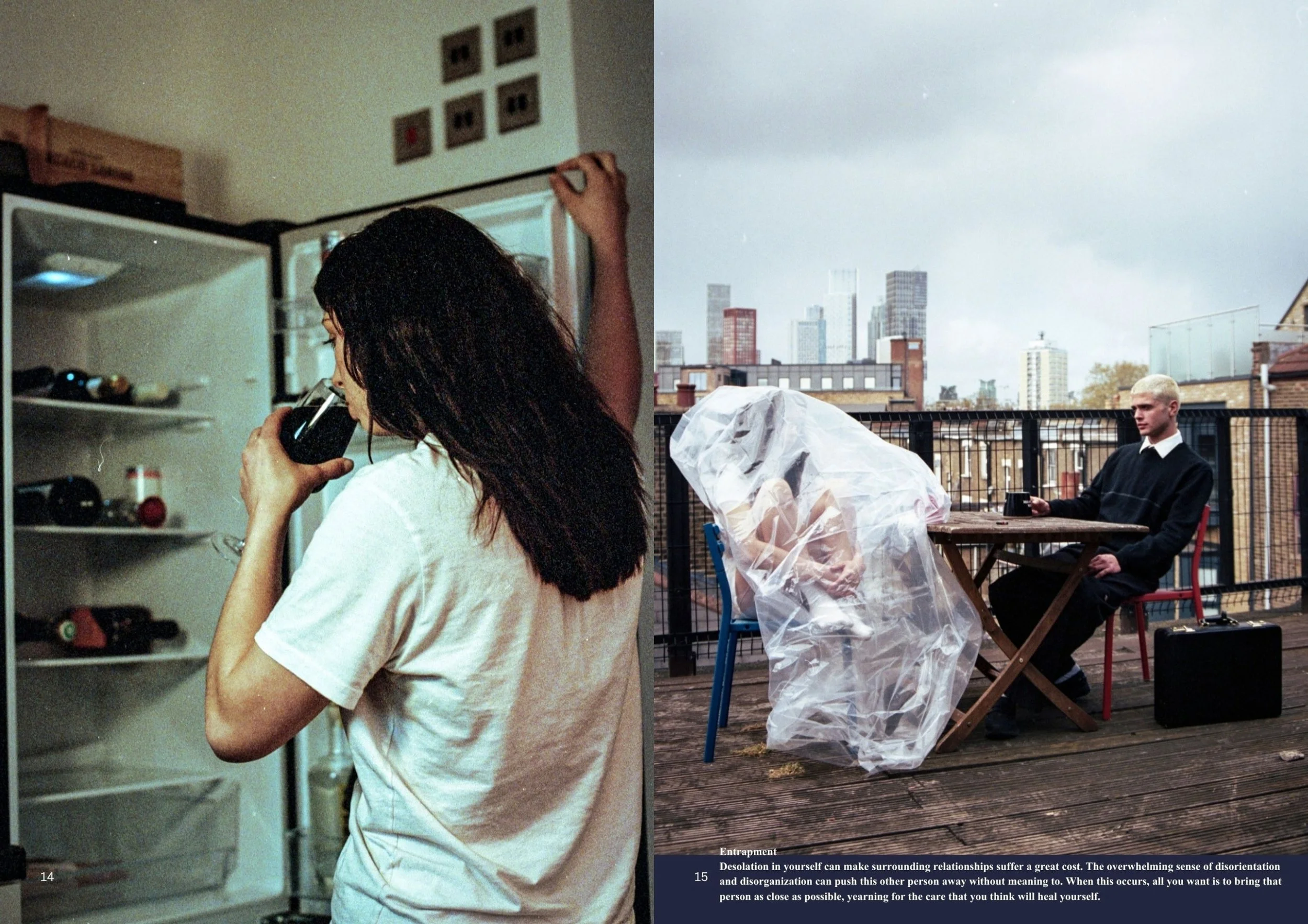 A woman with long dark hair in a white shirt is reaching up to open a refrigerator door, holding a glass of dark beverage. A bookshelf with various items is visible in the background. The right side shows a rooftop scene with a man with short blonde 
