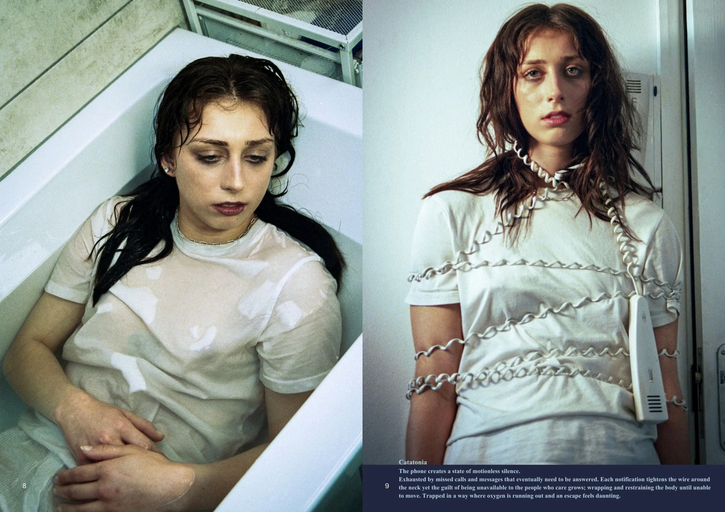 A woman with dark, curly hair lies in a white bathtub, looking exhausted with her eyes partially open and makeup smudged. She wears a white top with ruffled edges. Next to her, there is another woman with similar hair and attire, sitting beside her a