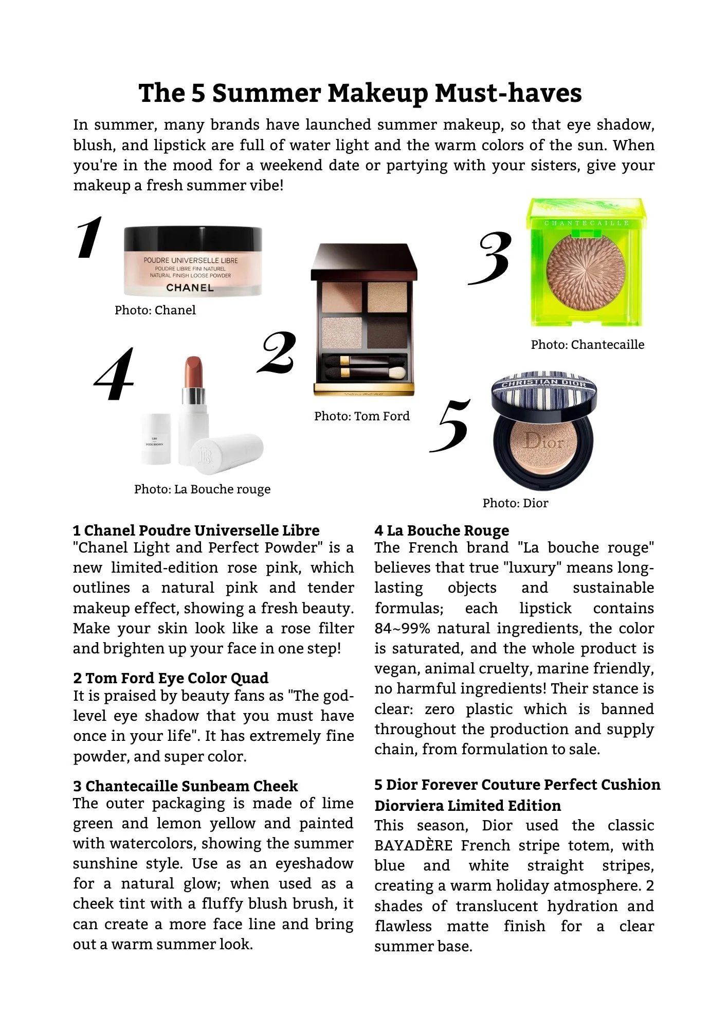 The image is an informational page listing the top 5 summer makeup must-haves, with images of makeup products and descriptions.
