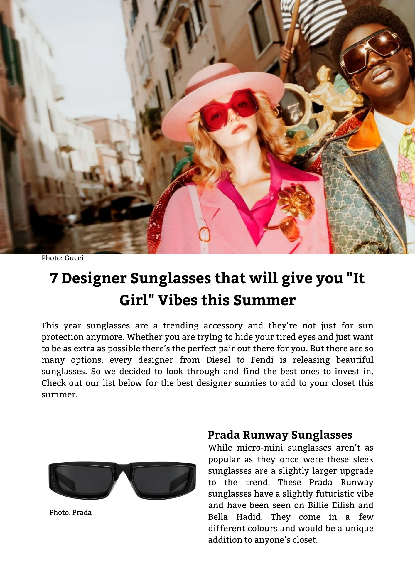Fashion magazine page featuring women in colorful outfits and designer sunglasses, with an image of Prada sunglasses at the bottom. The women are posing outdoors near a canal, with buildings in the background. The text discusses trendy eyewear for su