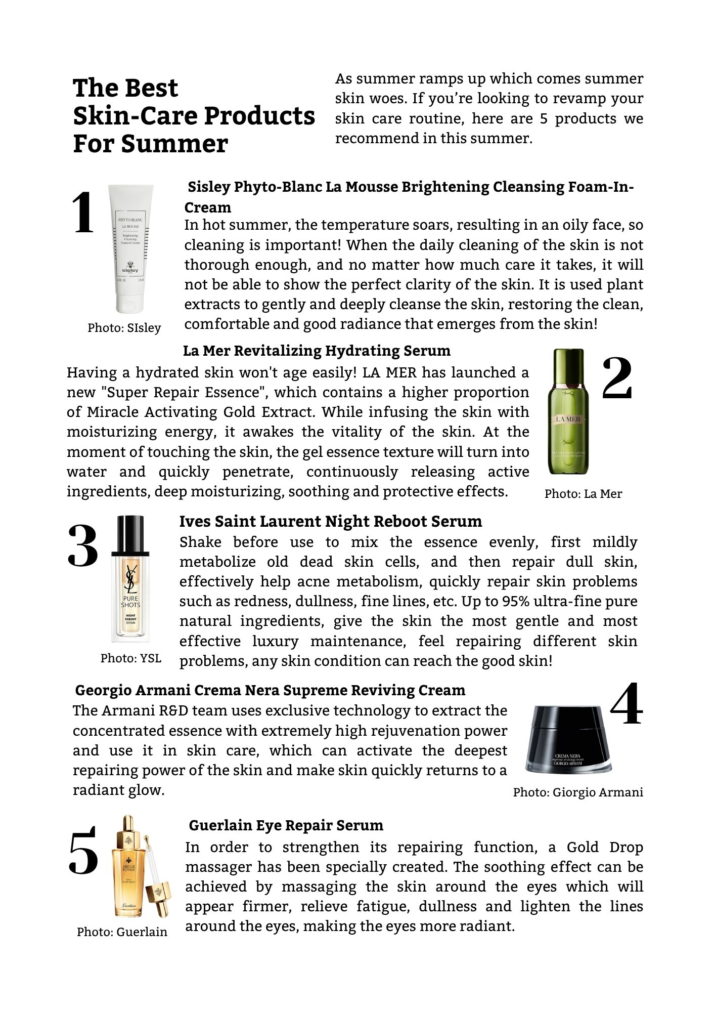 A page listing five summer skin-care products, including a brightening cleansing foam, hydrating serum, night reboot serum, reviving cream, and eye repair serum, each with images of the products and descriptive text.