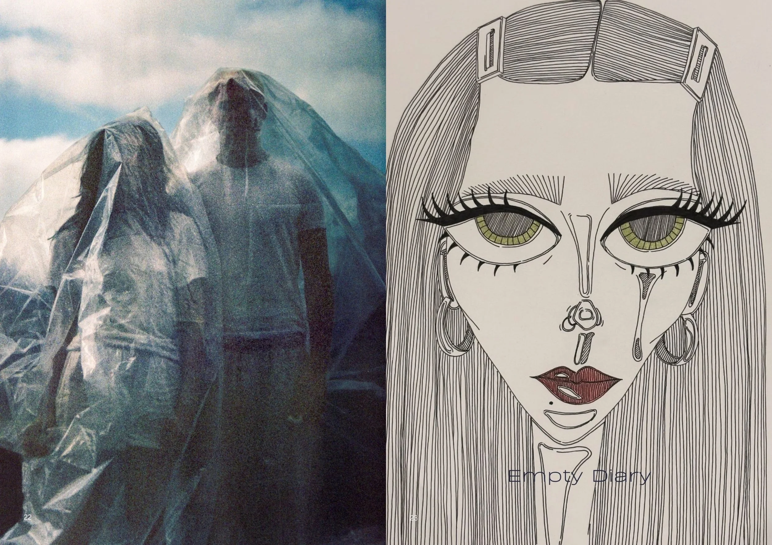 The left side of the image shows a photo of an icy mountain, likely a glacier or snow-covered peak, with a cloudy sky in the background. The right side features a black and white line drawing of a woman's face with detailed eyes, makeup, and flowing 