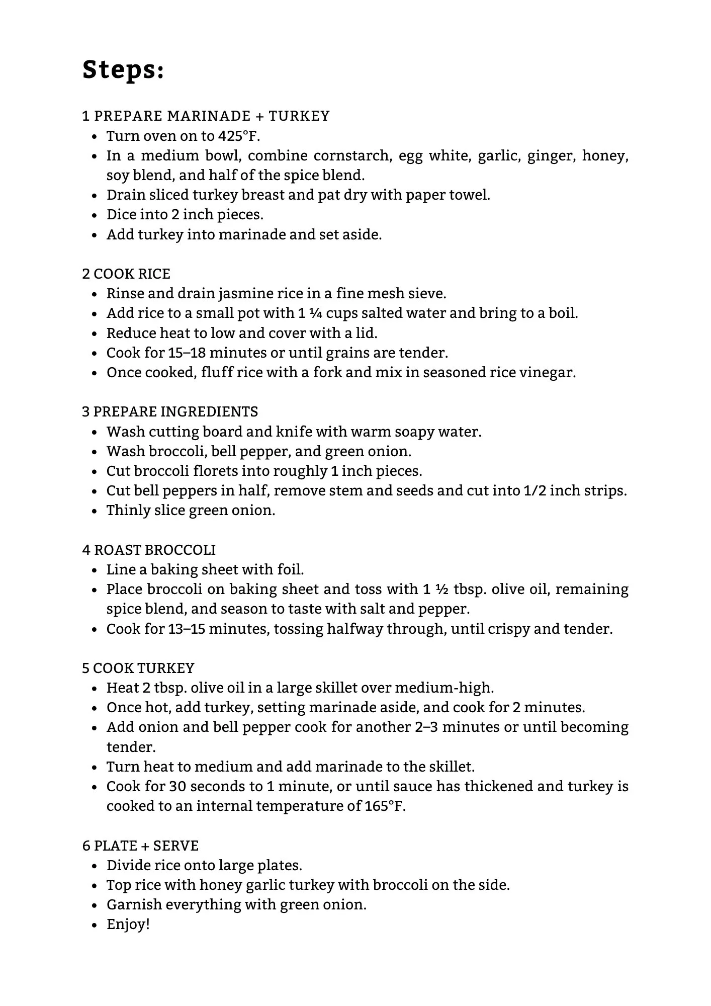 A printed recipe with step-by-step instructions for preparing a turkey dish and roasted broccoli, including ingredients and cooking directions.