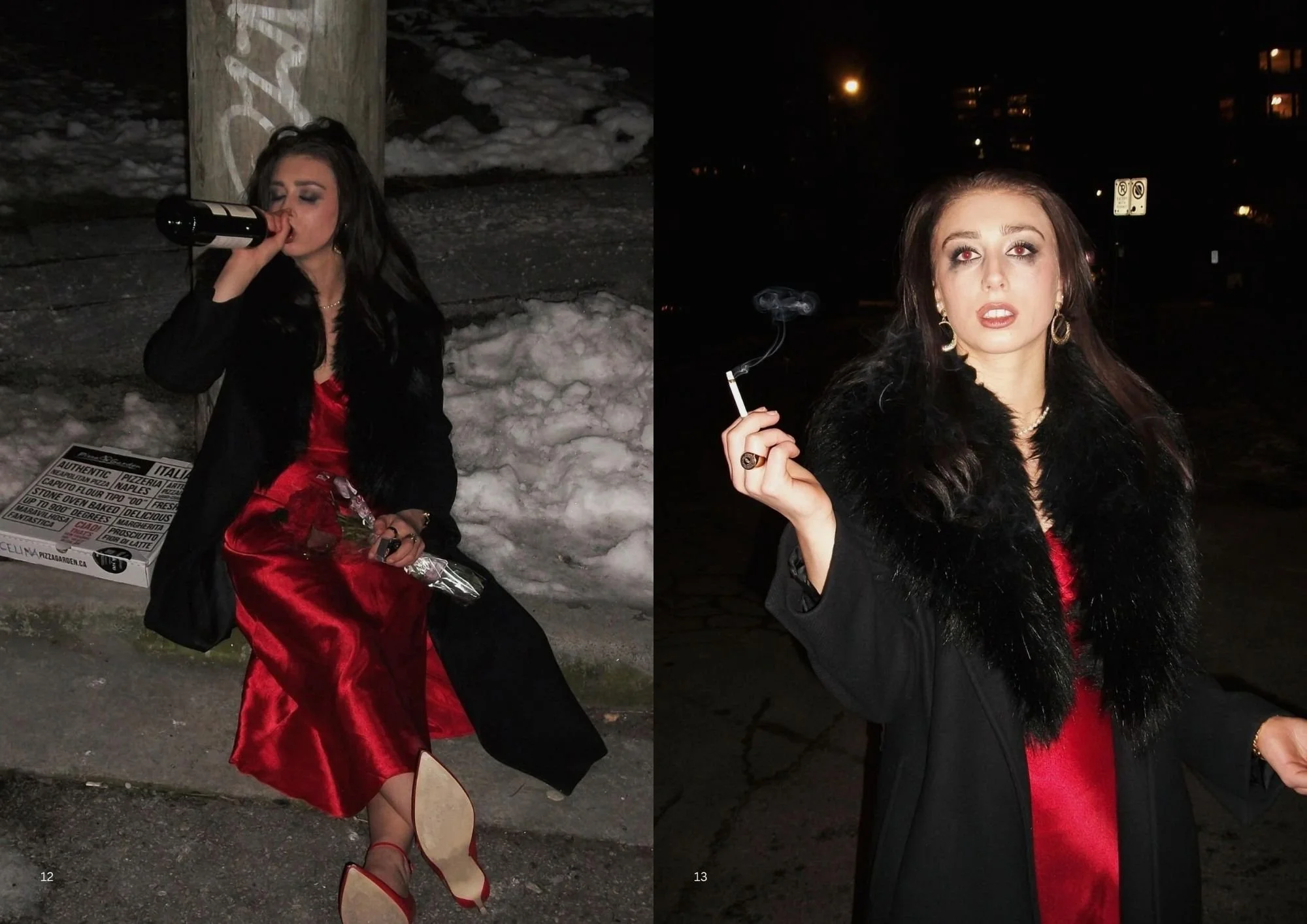 A woman dressed in a red satin dress and a black coat, sitting on a bench outdoors at night, drinking from a bottle, with snow on the ground. In the other part, the woman stands holding a cigarette, wearing earrings, with a dark background and city l