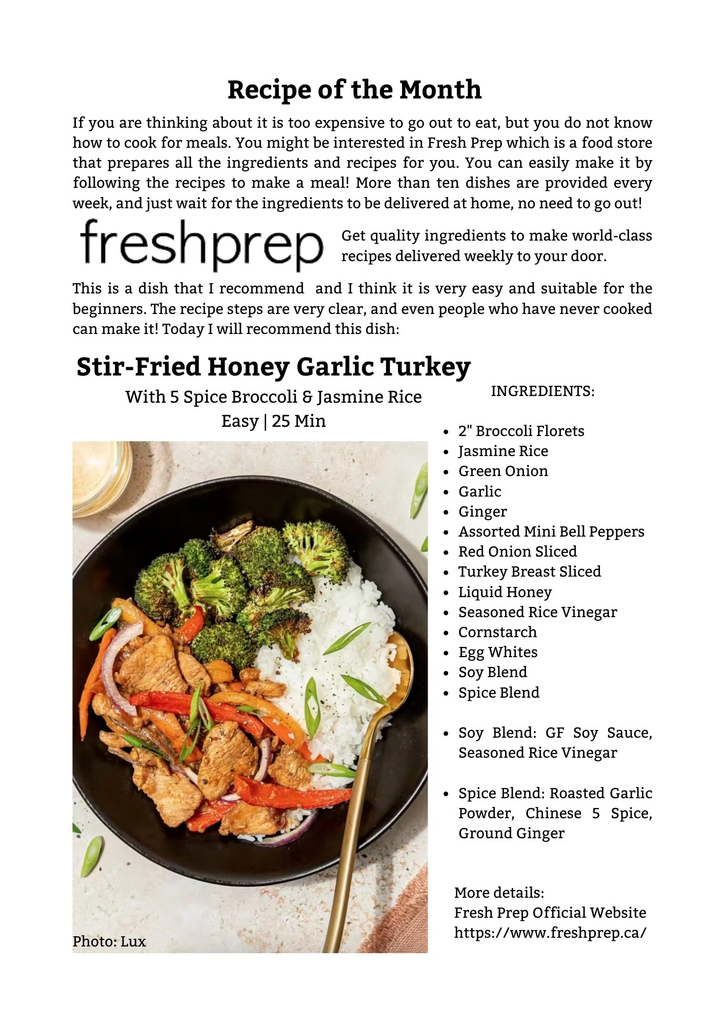A black bowl filled with stir-fried turkey, red and green peppers, onions, served with white rice topped with broccoli in a food image.