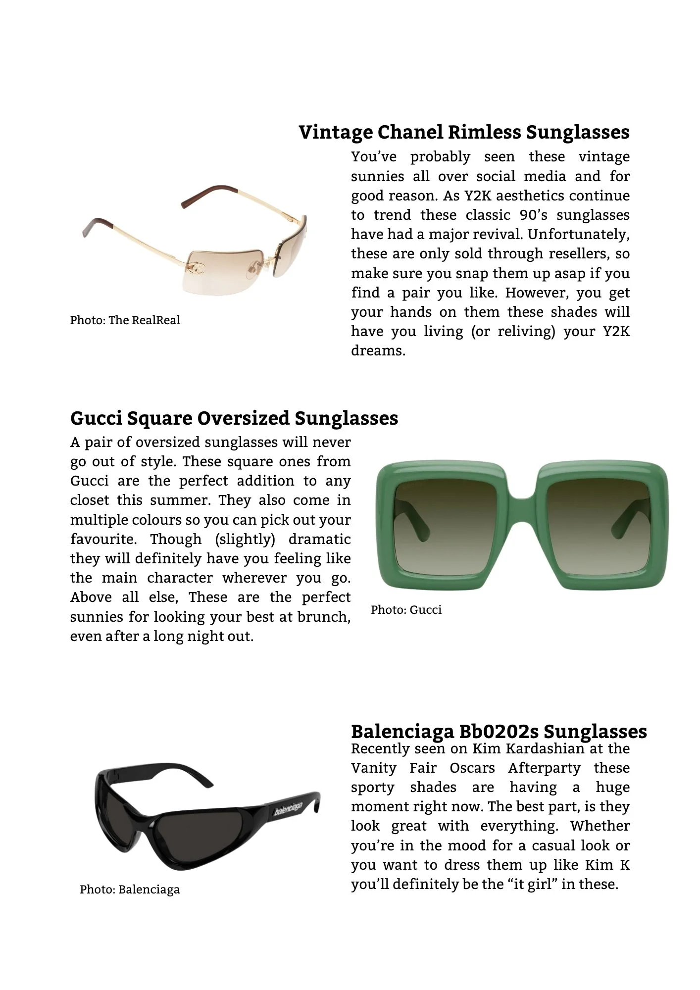 Page with descriptions of three different sunglasses styles, each with an accompanying photo. The first is a pair of vintage Chanel rimless sunglasses with a gold-tone frame and beige lenses. The second is a pair of Gucci square oversized sunglasses 