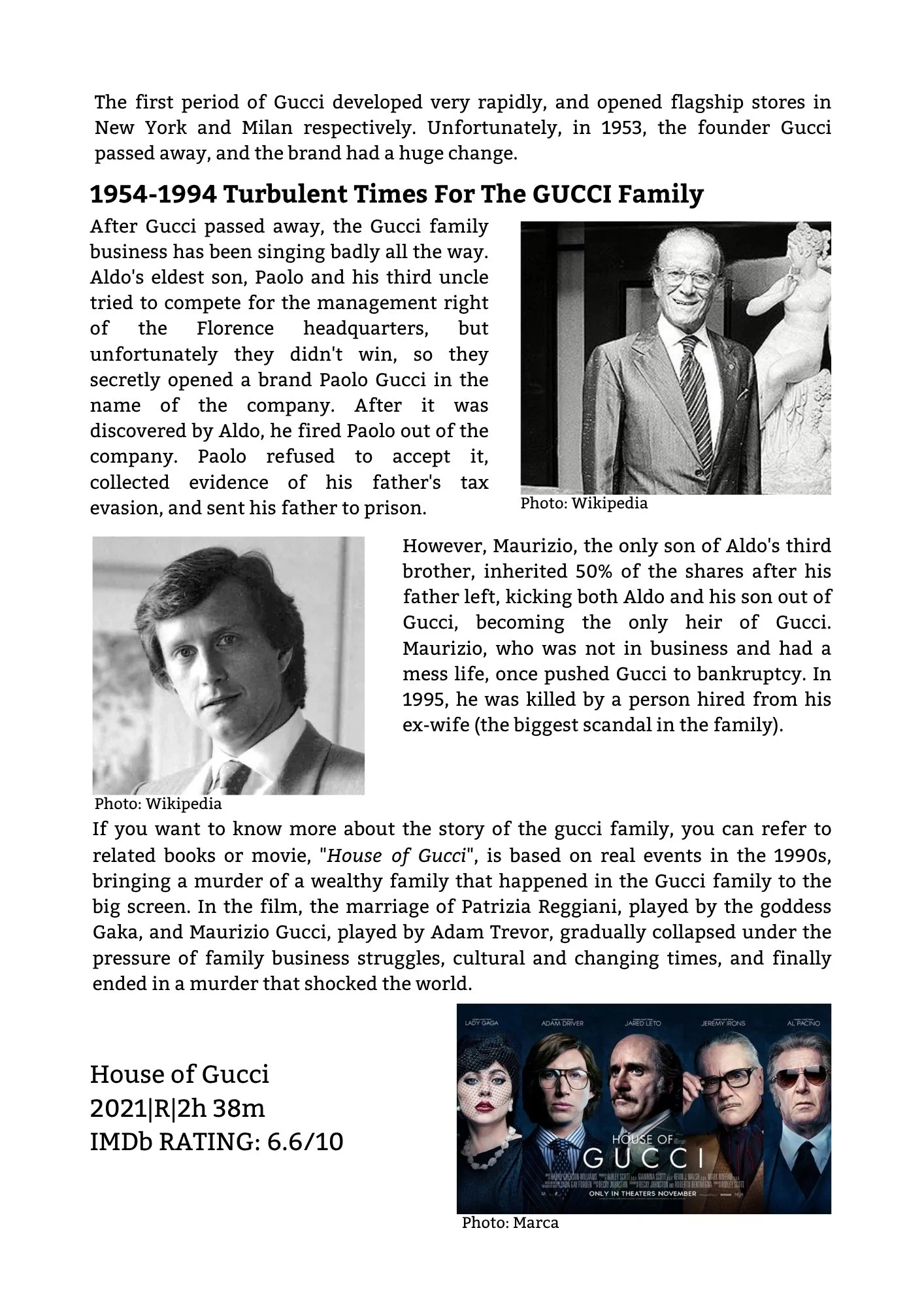 Page containing historical information about the Gucci family with black-and-white photographs of family members, and a poster for the movie 'House of Gucci' featuring characters in formal attire.