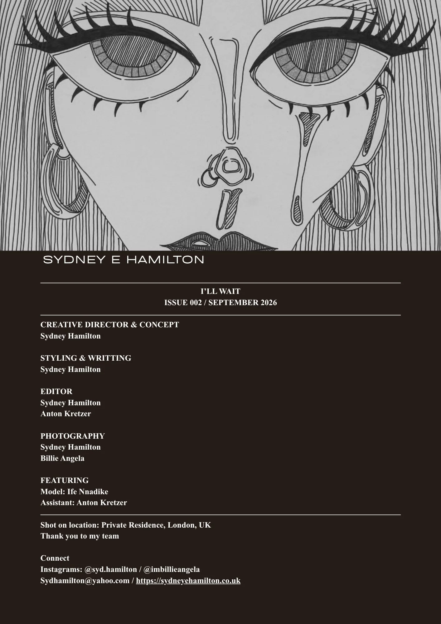 Black and white illustration of a woman with multiple eyes and large eyelashes, wearing earrings, with long hair and dripping tears.