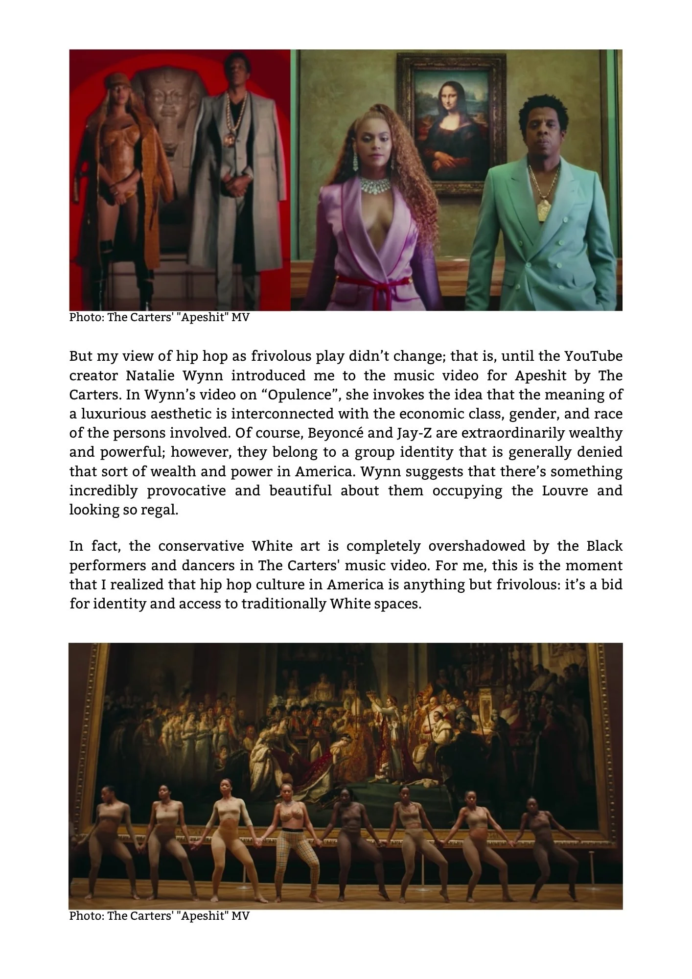 A scene from The Carters' "Apeshit" music video showing dancers in front of a replica of Leonardo da Vinci's Mona Lisa at the Louvre Museum, with dancers in beige outfits performing in front of a large painting.