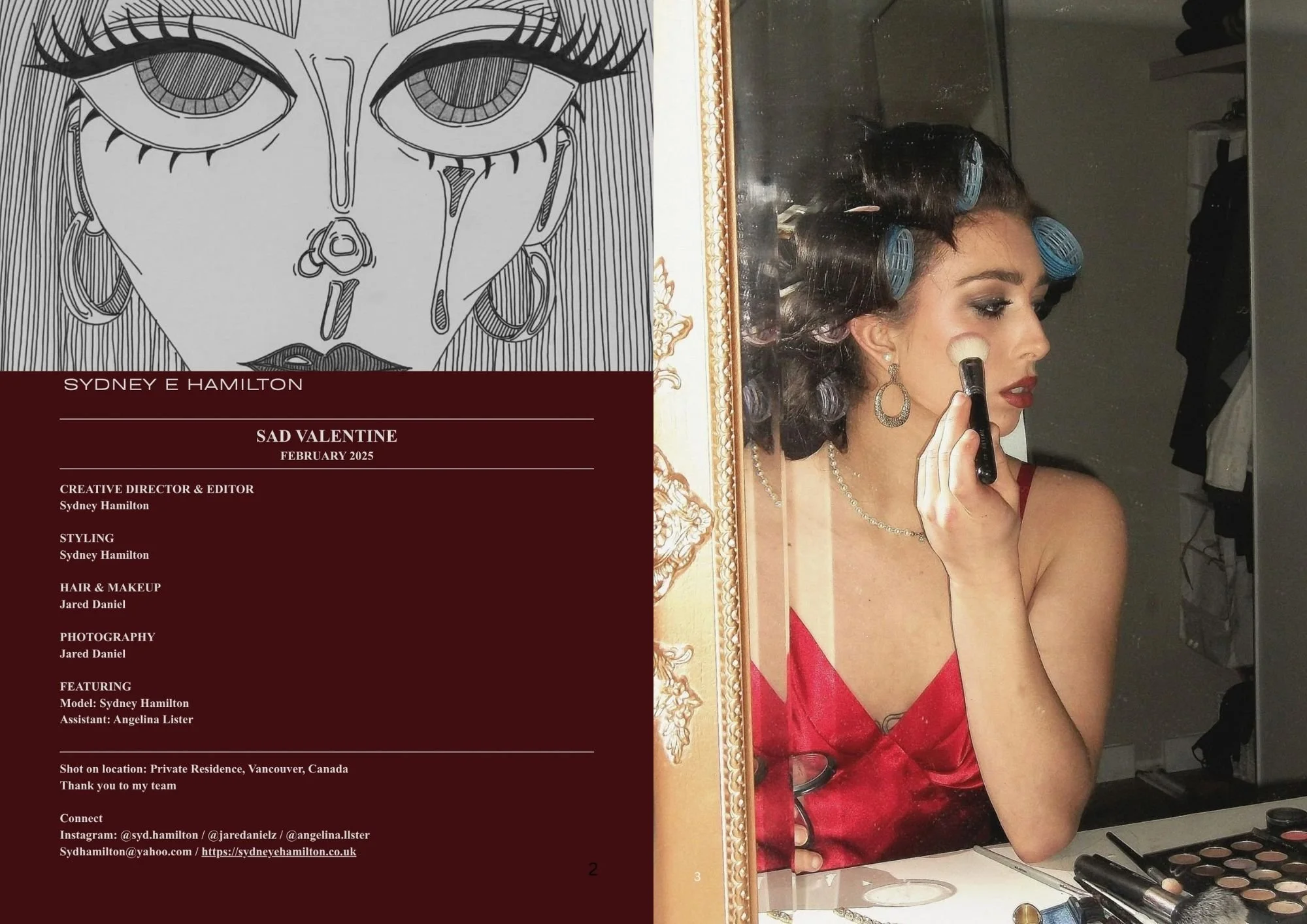 A woman with dark curly hair and makeup, wearing a red dress, is looking into a mirror while applying makeup with a brush. She is in a dressing or makeup room, surrounded by beauty tools and rollers in her hair.